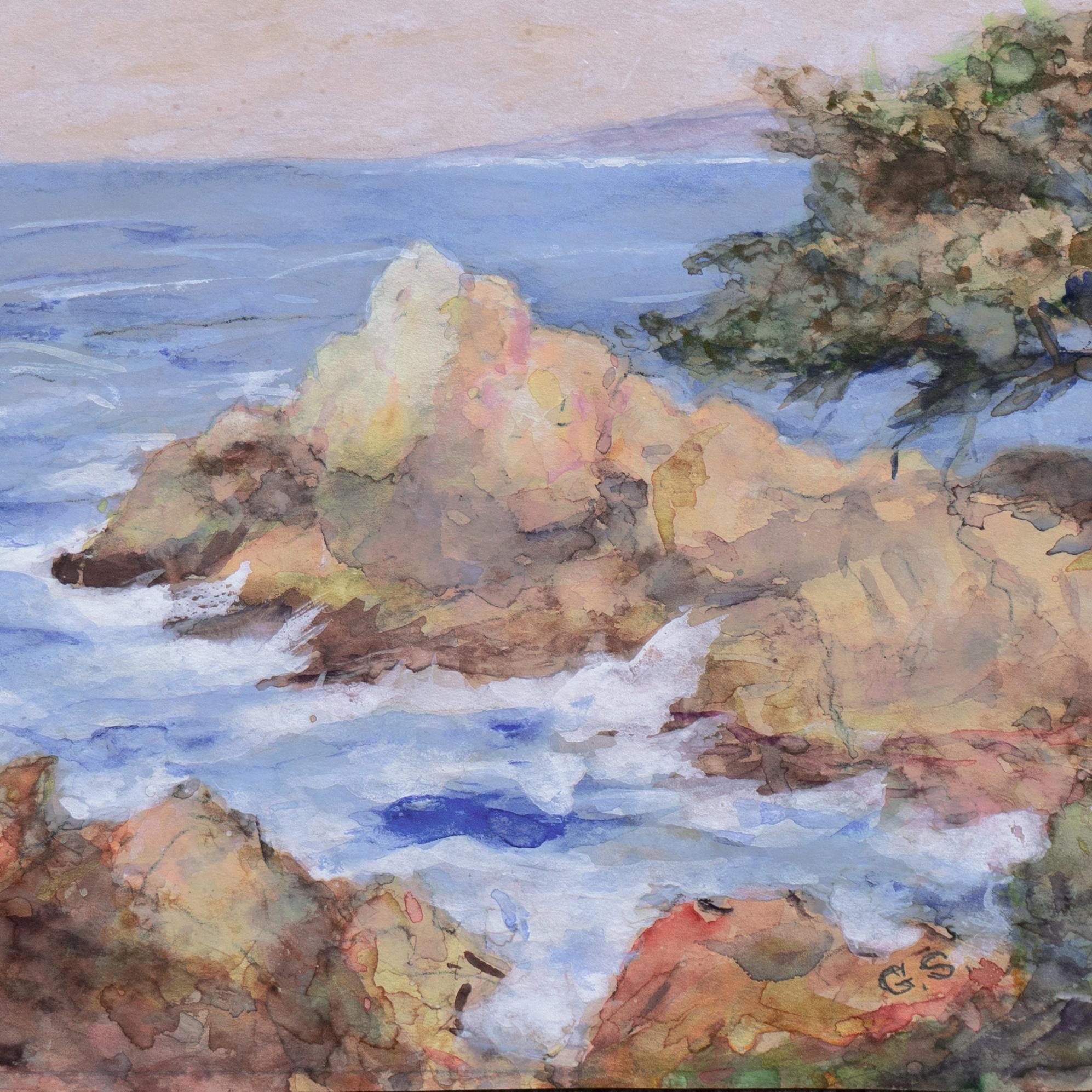 Une vue fraîche et aérée de la très appréciée Pinnacle Point à Monterey, peinte avec la fraîcheur et la vigueur caractéristiques de l'artiste et datant des années 1920. Initialisé en bas à droite, 'G. S.' pour George Gardner Symons (américain,