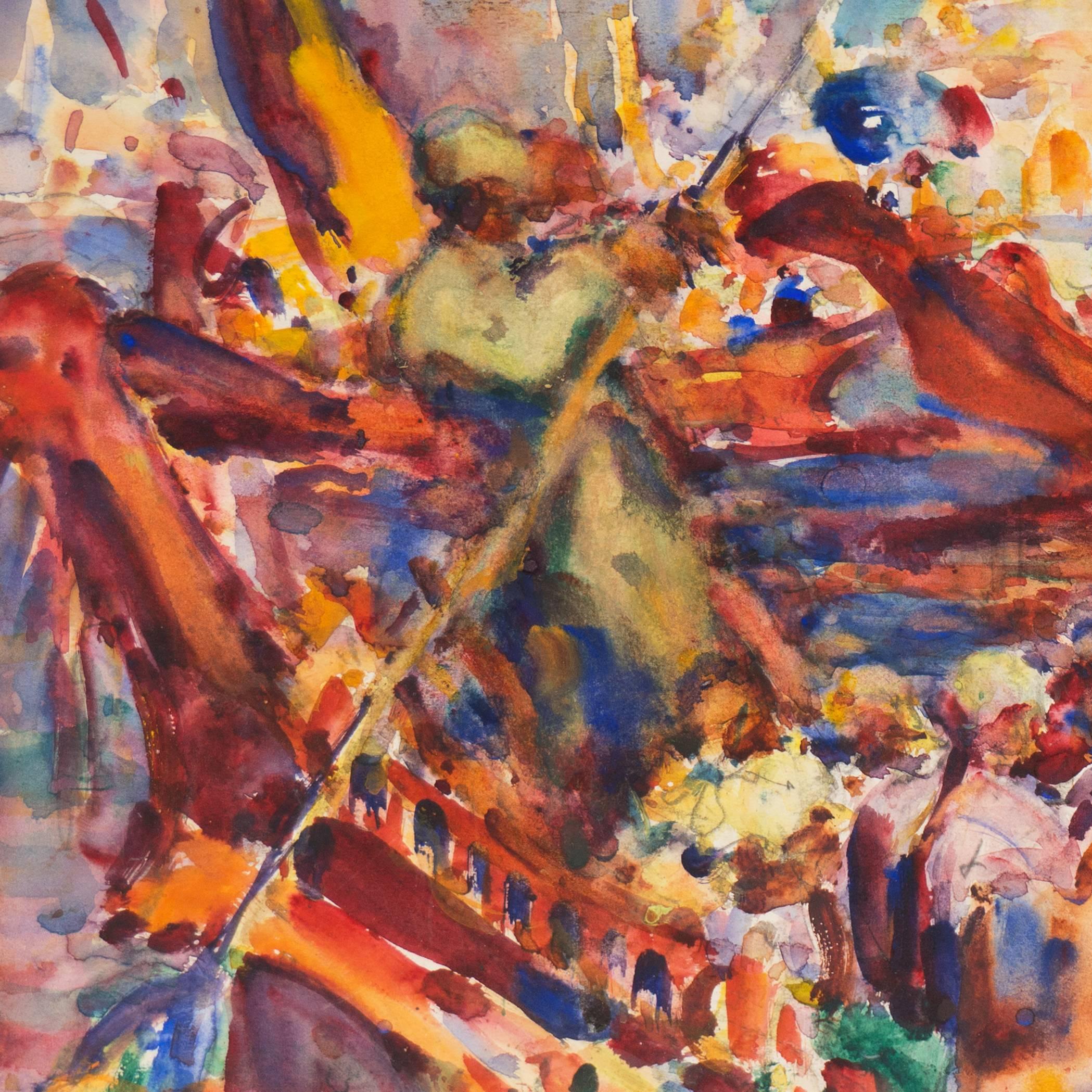 Signed lower right, 'W C Watts' for William Clothier Watts (American, 1869-1961), titled verso 'Water Pagent (sic), Burma' and painted circa 1930.

A characteristically kaleidoscopic work by Watts showing a view of brightly caparisoned boats and