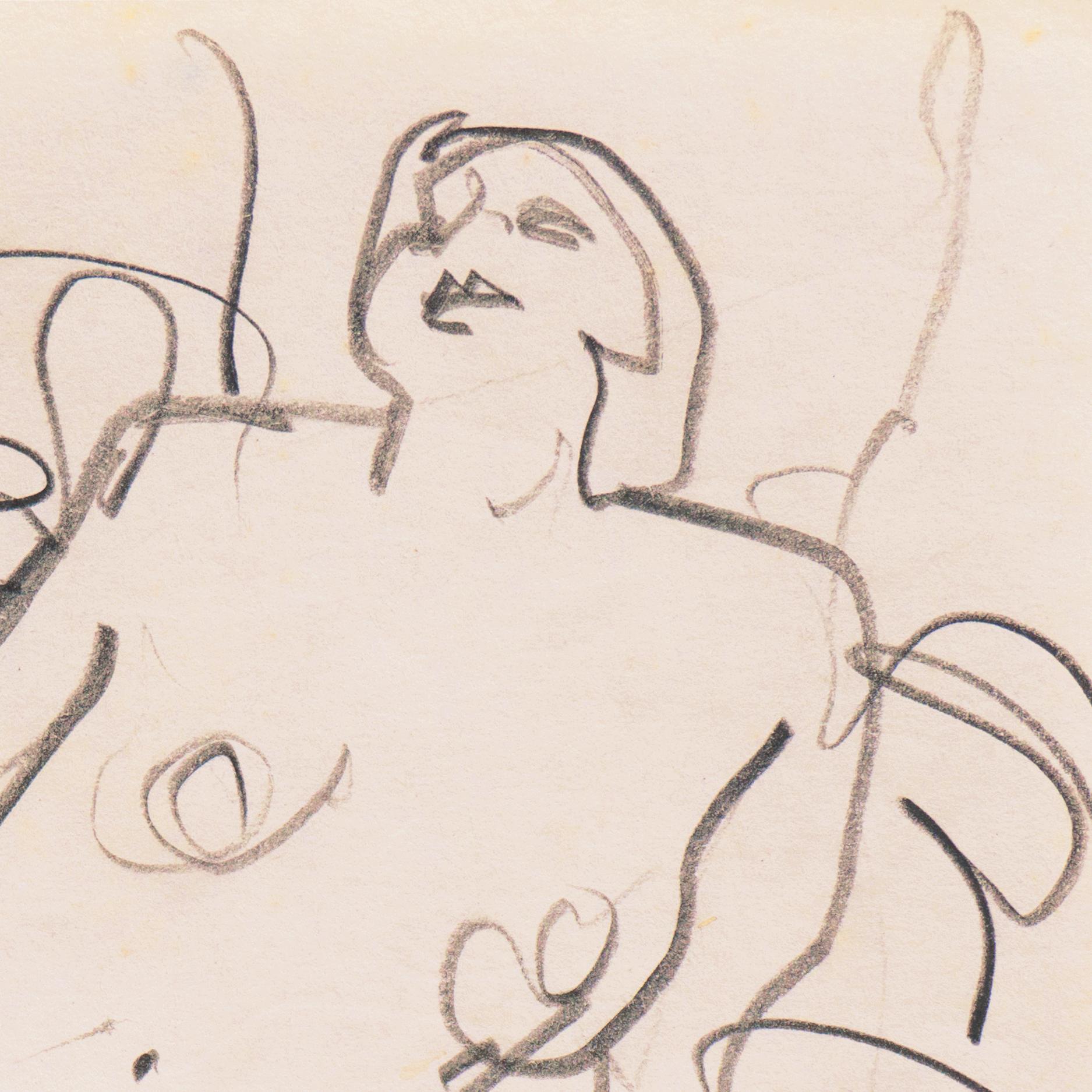 Di Gesu Estate Stamp verso for Victor di Gesu (American, 1914-1988) and created circa 1955.

An elegant, freehand sketch of a young woman with a bob cut, shown naked and reclining on a blanket with her head thrown back. 

Winner of the Prix Othon