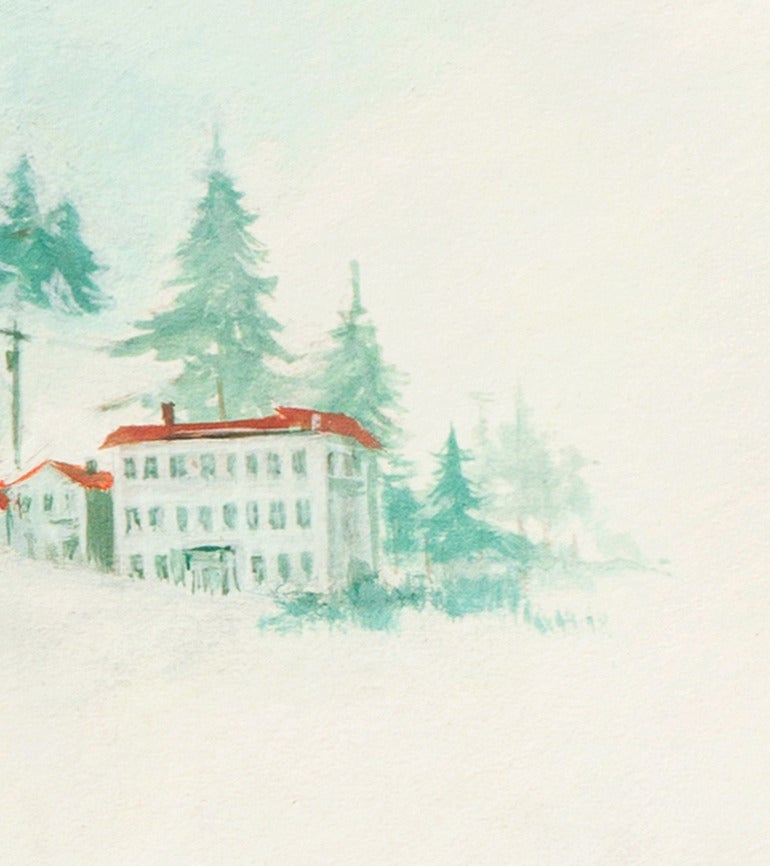 Signed lower right for Charles 'Chuck' Winfield Miller (American, 1922-1995) and painted circa 1965.

A mid-century, figural gouache showing an attractive young nurse silhouetted against a snowy timberline with a lumberjack standing in a grove of