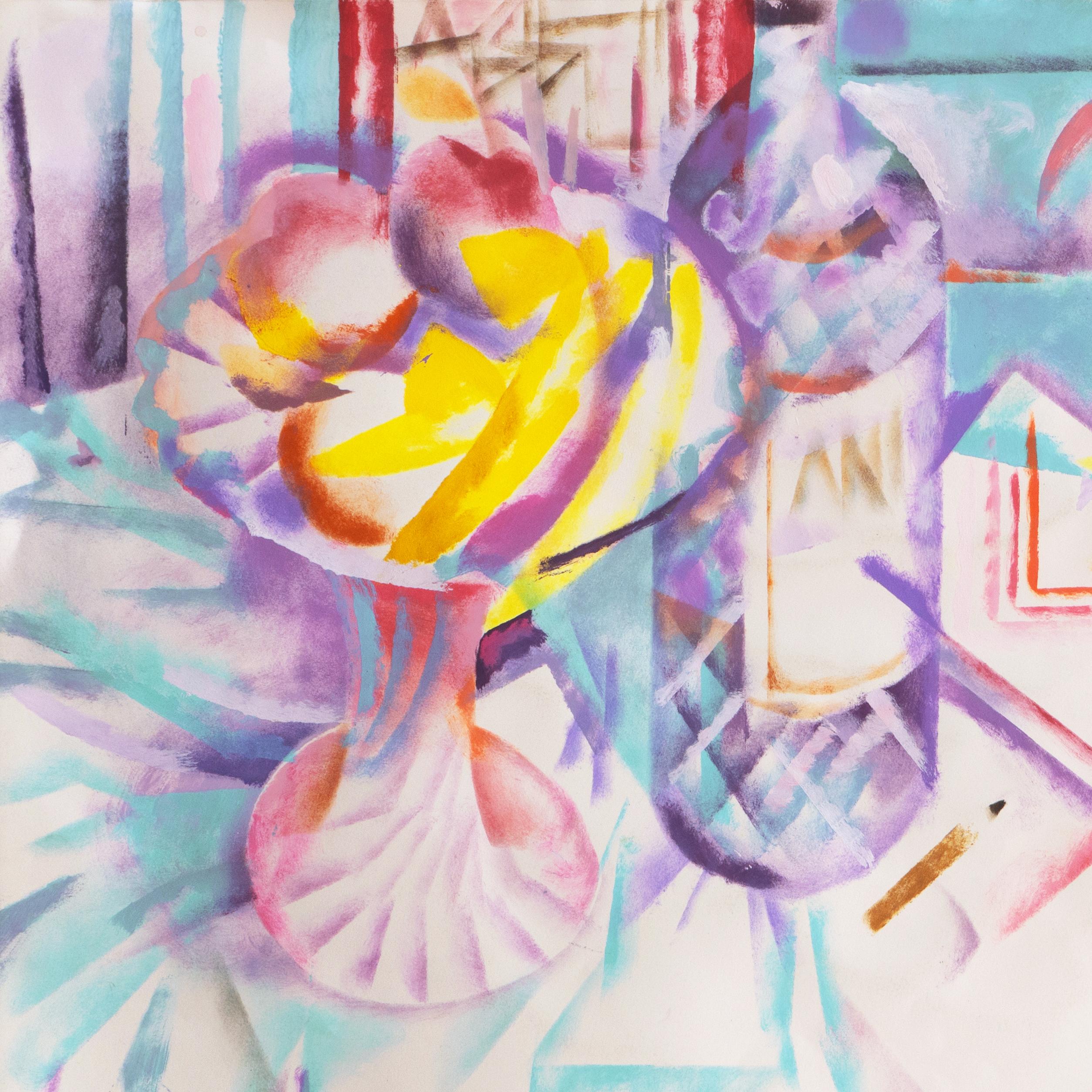 'Pastis and Peaches on a Lace Tablecloth', Prismatic Modernist Still Life - Gray Still-Life by Ramon Moscardo Fernandez