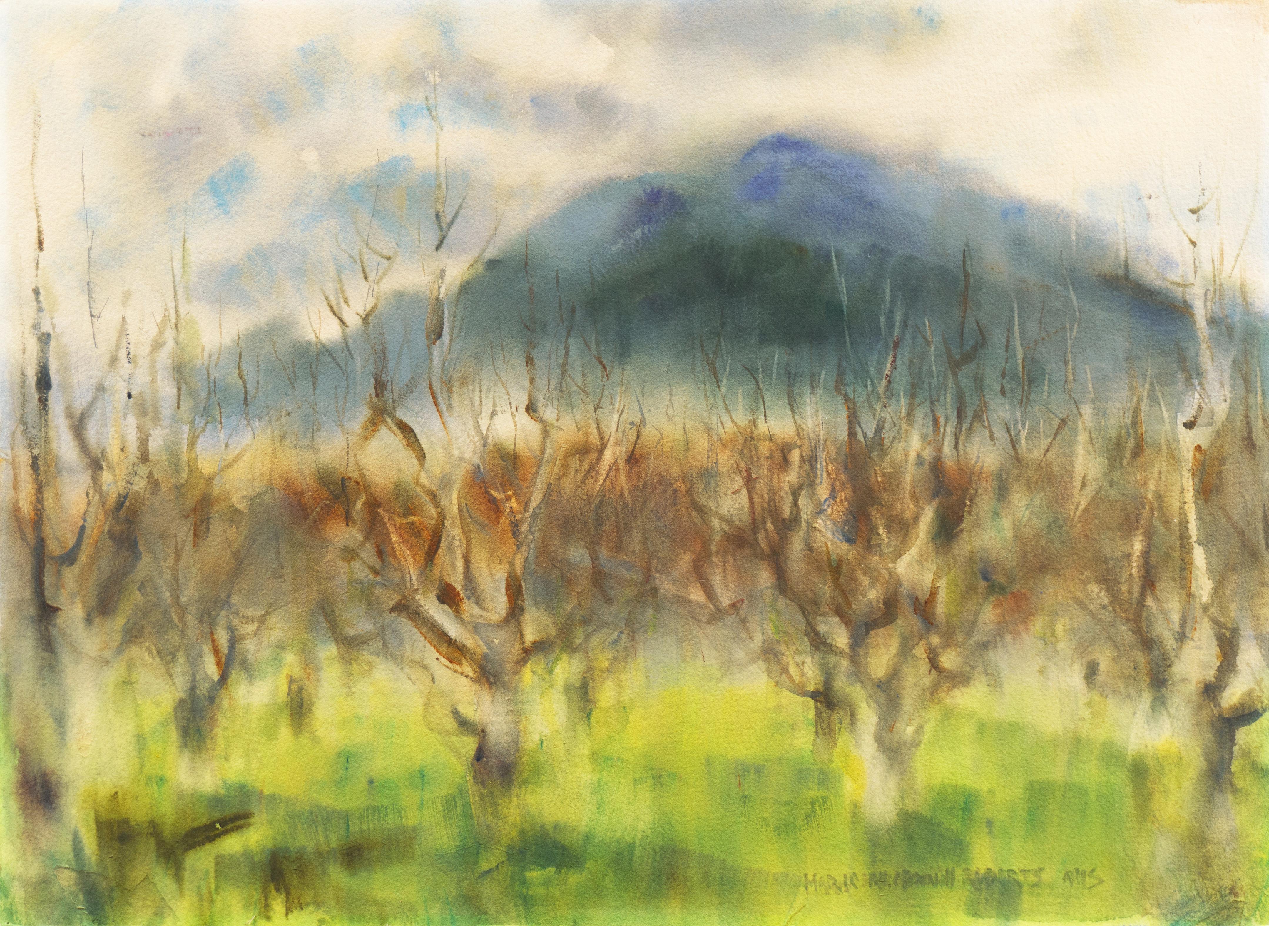 Landscape Art de Marie McDonnell Roberts - Arboleda en un paisaje brumoso", Mujer Artista, Sociedad Americana de Acuarela