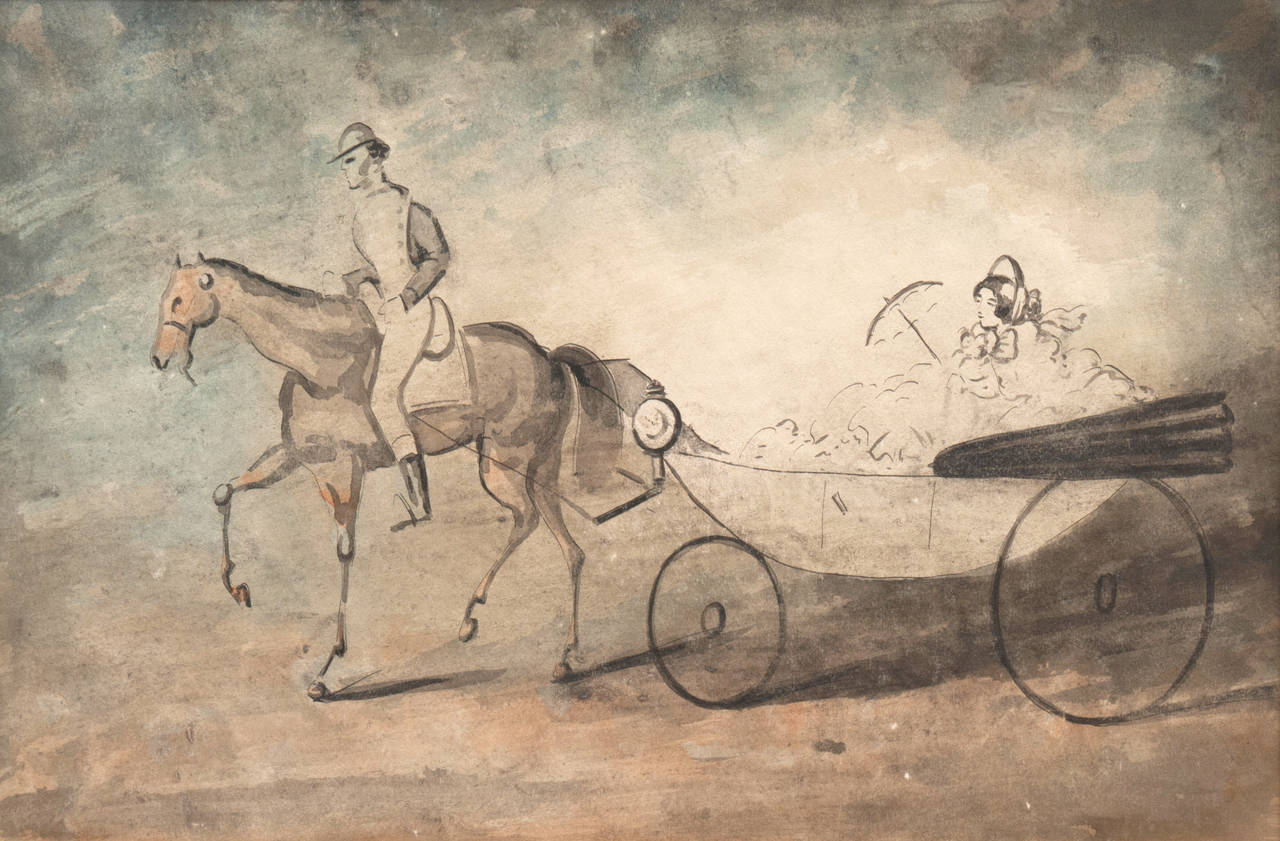 Animal Art di Ernest Adolphe Hyacinthe Constantin - Chaise trainata da un cavallo con una giovane donna alla moda, acquerello e lavaggio originale