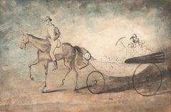 Chaise trainata da un cavallo con una giovane donna alla moda, acquerello e lavaggio originale