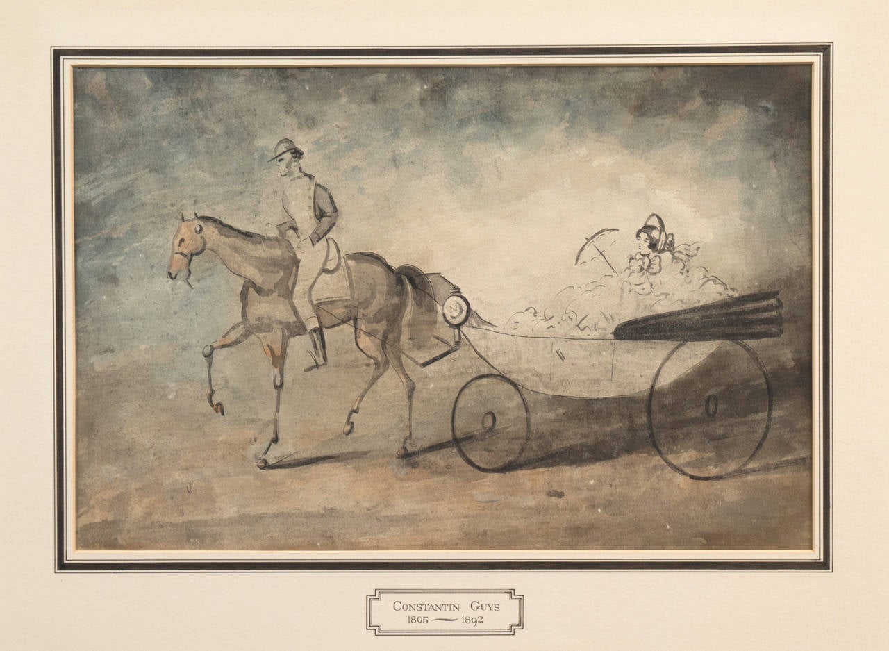 Chaise trainata da un cavallo con una giovane donna alla moda, acquerello e lavaggio originale - Art di Ernest Adolphe Hyacinthe Constantin