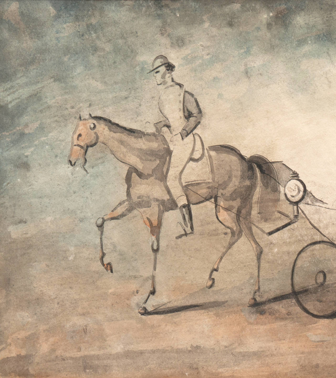 Chaise trainata da un cavallo con una giovane donna alla moda, acquerello e lavaggio originale - Animal Art Marrone di Ernest Adolphe Hyacinthe Constantin