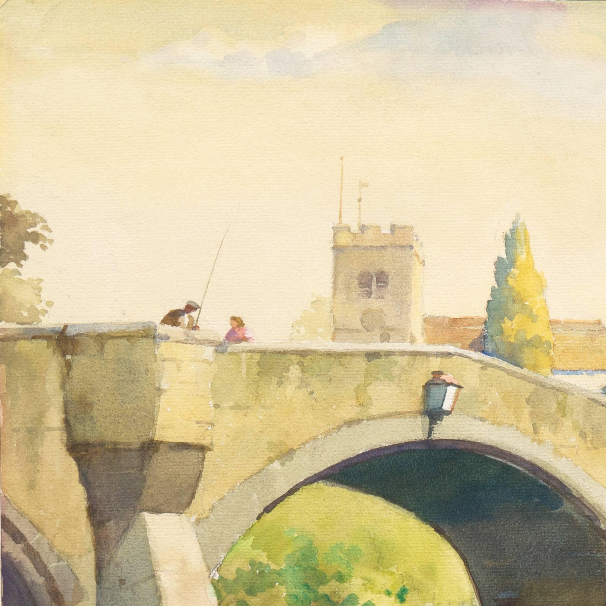 The Medieval Bridge at Aylesford in the County of Kent, English River Landscape - Realist Art by Frank Sherwin