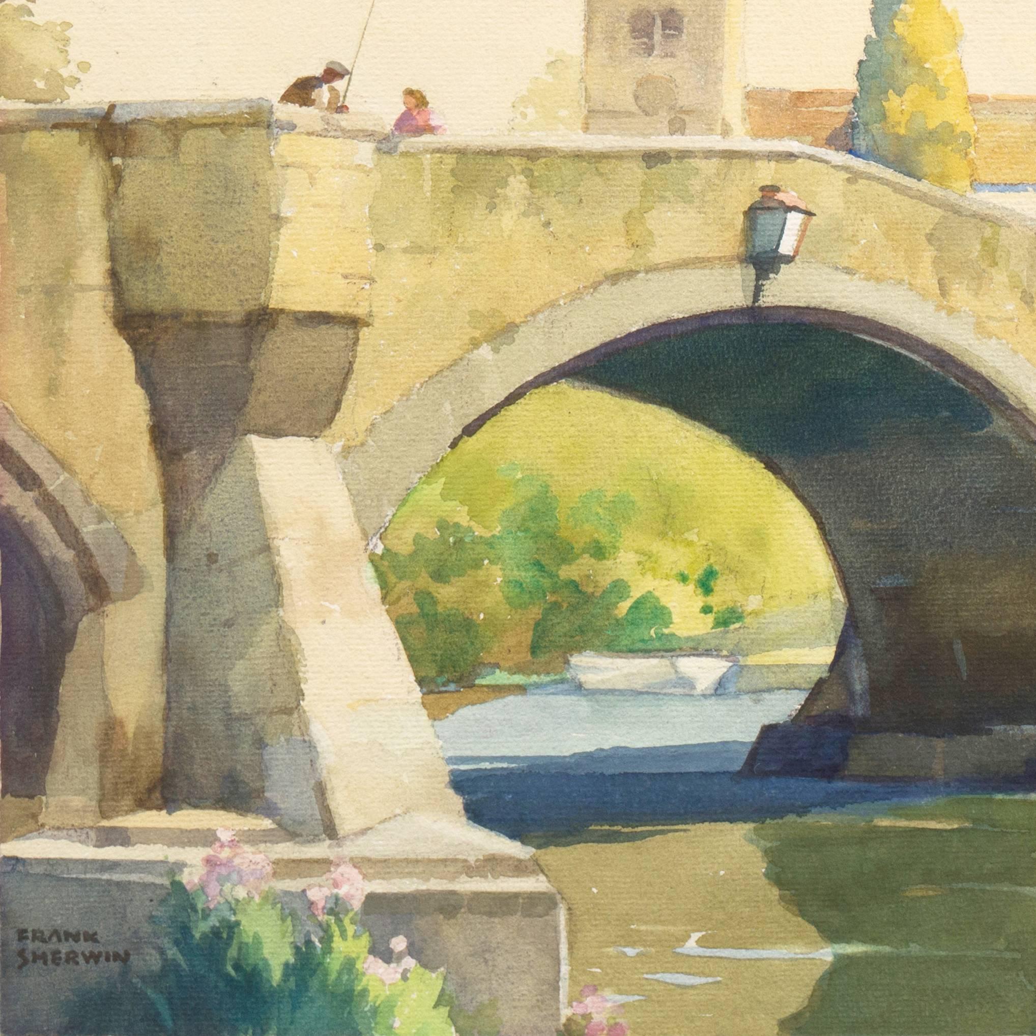 A delicate watercolor view of the Bridge at Aylesford over the River Medway in the English county of Kent. 

Signed lower left 