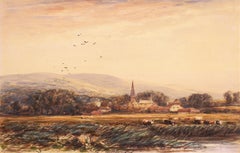 „Village mit Kirchenschleife“, englisches Aquarell aus der Mitte des 19. Jahrhunderts, David Cox