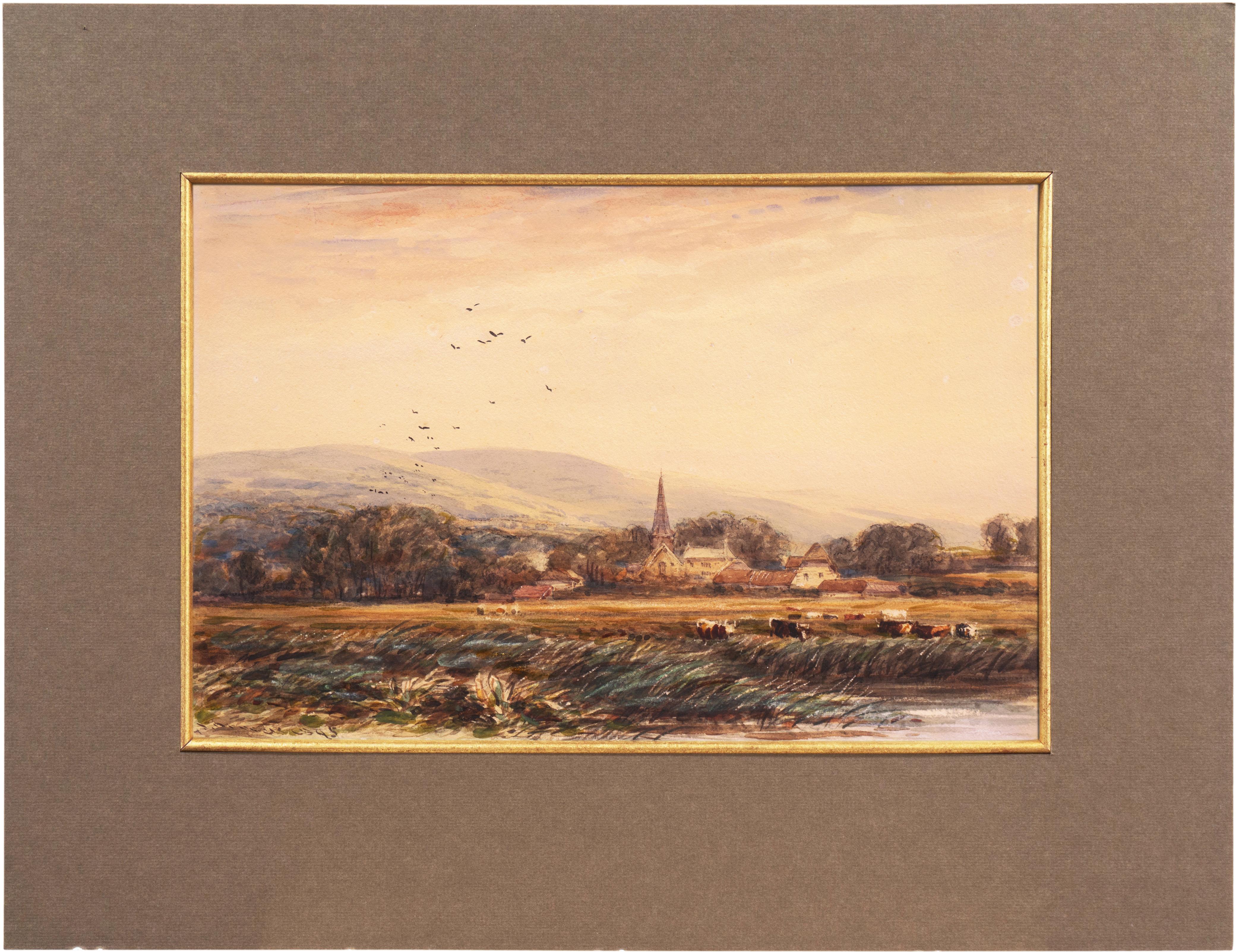 „Village mit Kirchenschleife“, englisches Aquarell aus der Mitte des 19. Jahrhunderts, David Cox – Art von James Orrock