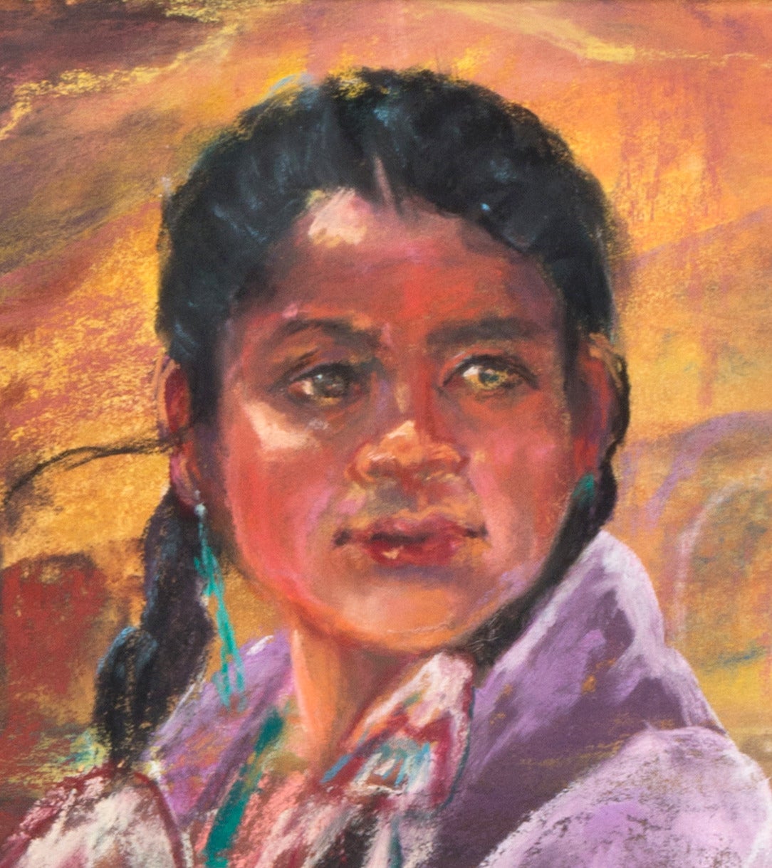 « Portrait d'un jeune Navajo », amérindien, Arizona, artiste californienne - Marron Figurative Art par Victoria Creech Stewart