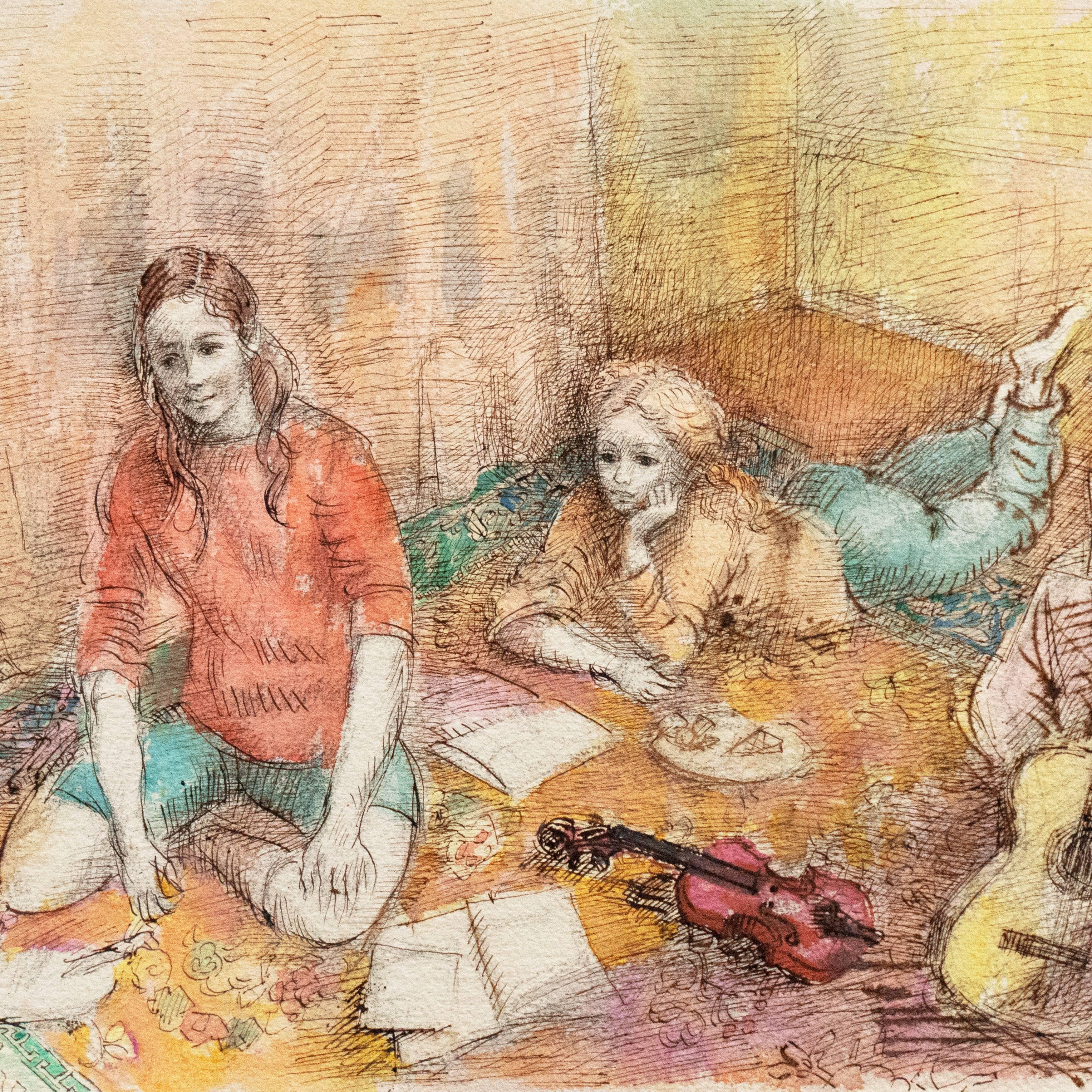 'Jeudi à la Maison', École des Beaux-Arts, Paris, French Modernist home scene - Beige Interior Art by Lucien Philippe Moretti