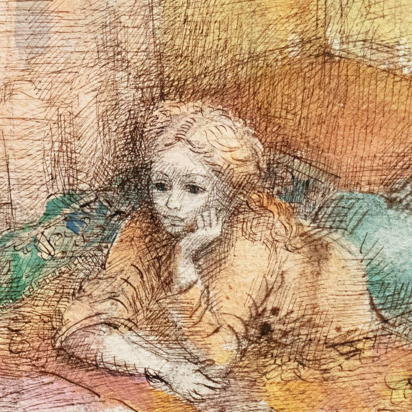 Inscribed verso 'AL.P. Moretti', titled 'Jeudi à la Maison' (Thursday at Home) and painted circa 1955.

A period watercolor interior scene showing two girls relaxing at home, surrounded by books and musical instruments. 

This well-listed French
