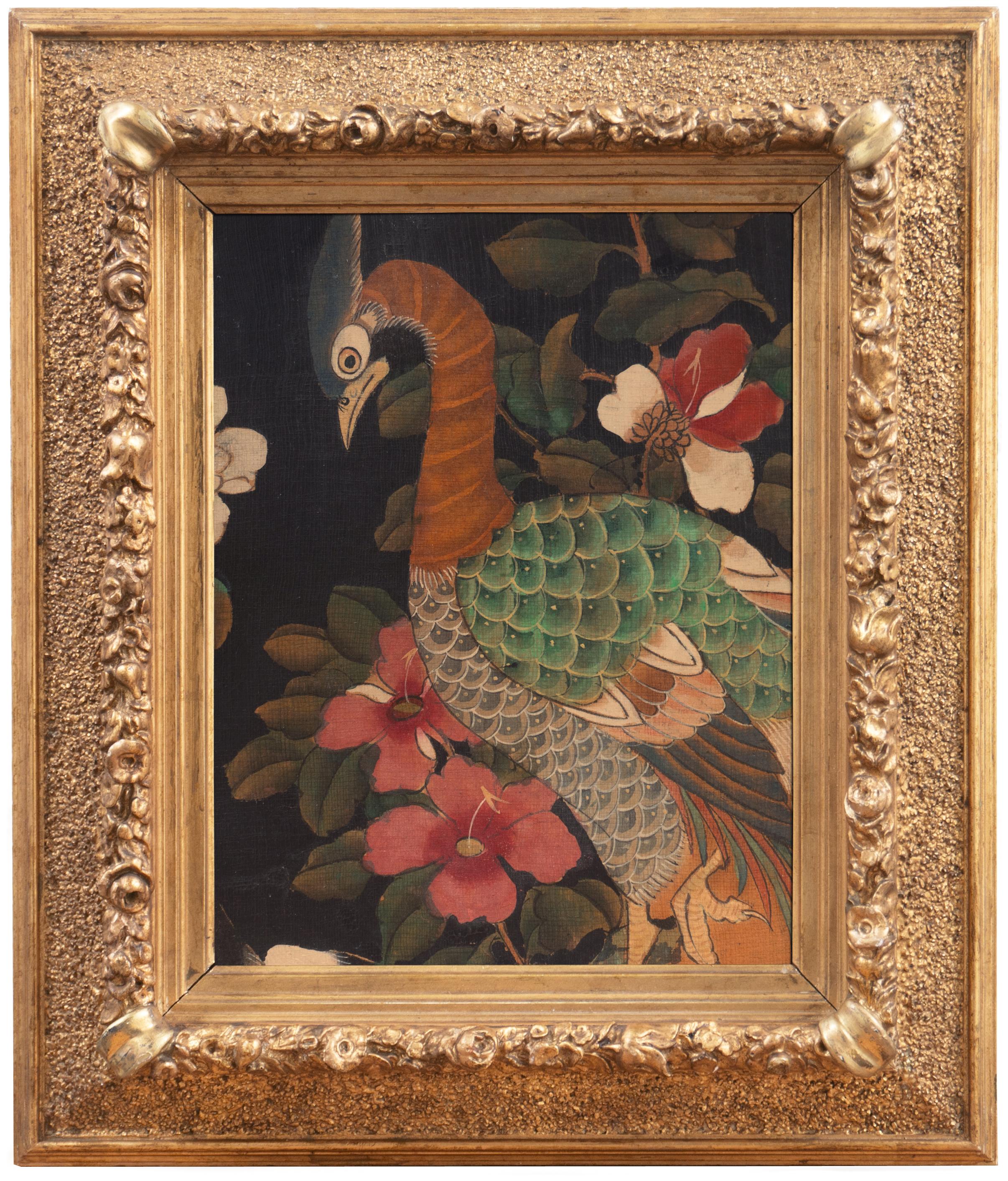 Animal Art di 19th Century Chinese school - Pavone tra le magnolie", dipinto cinese in cornice dorata d'epoca