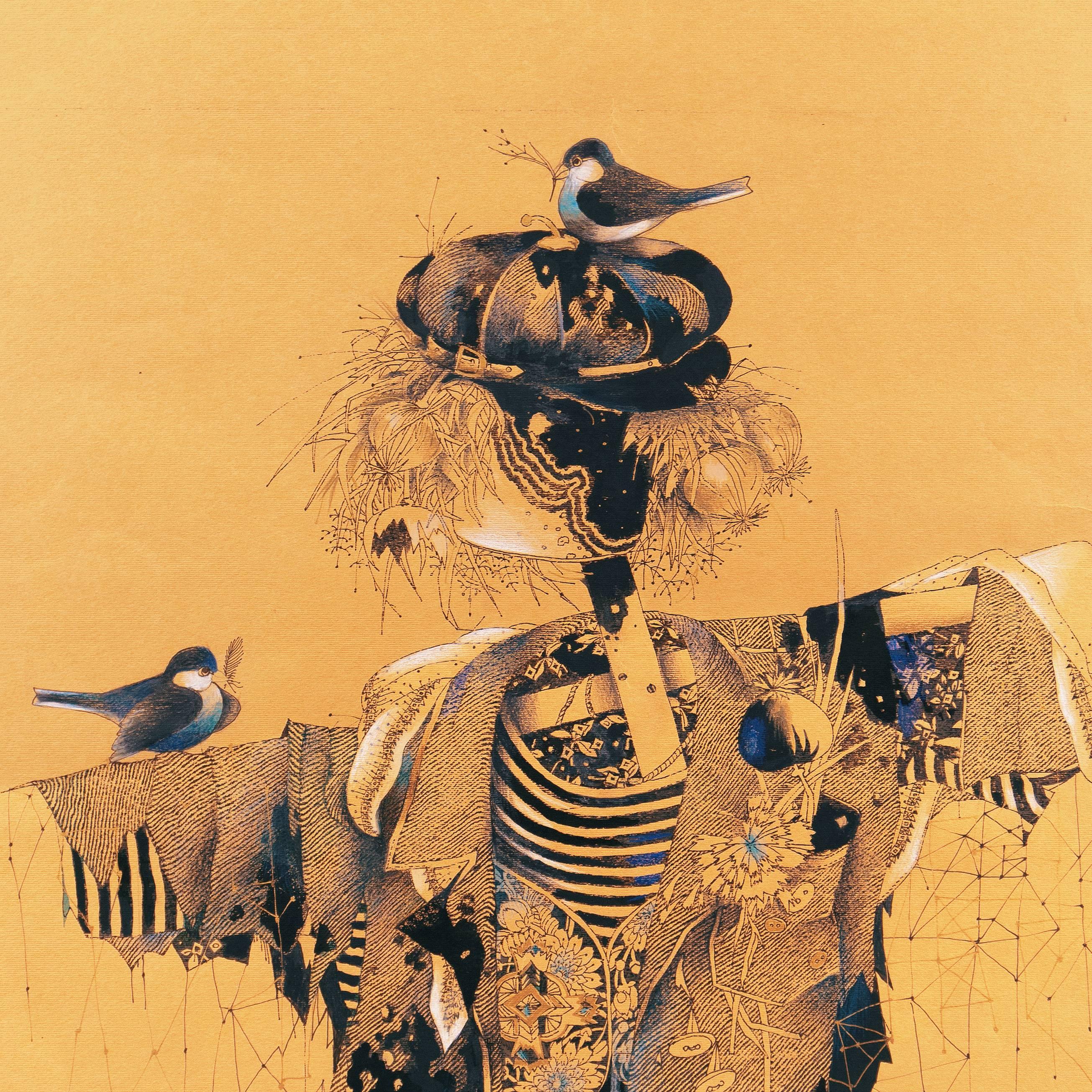 Scarecrow with Nesting Birds - Orange Animal Art by Unknown