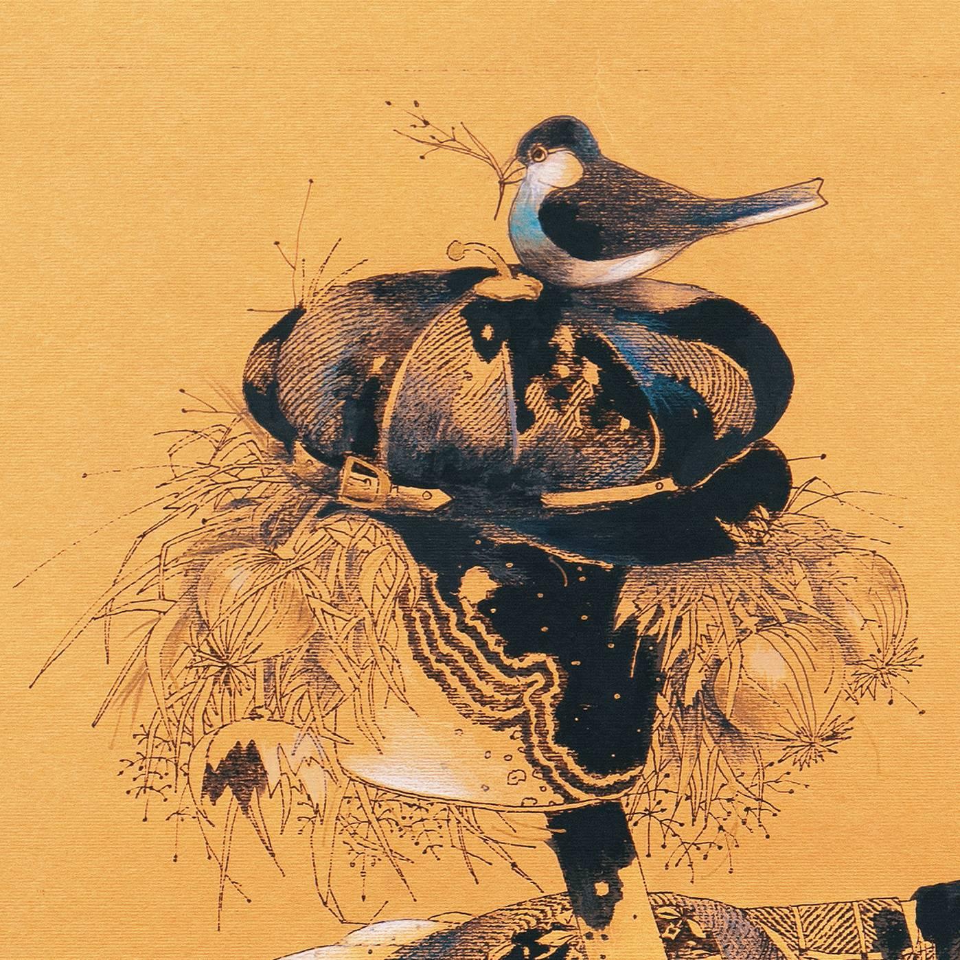Signed lower right, 'Aiwa' and dated 1996. 

A substantial, pen and ink and watercolor figural study of a scarecrow dressed in cap, ragged jacket and vest with a pair of birds perched on its head and shoulder. An evocative and atmospheric work by a