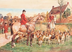'L'incontro', caccia alla volpe inglese edoardiana, acquerello equestre, cavalli, beagle