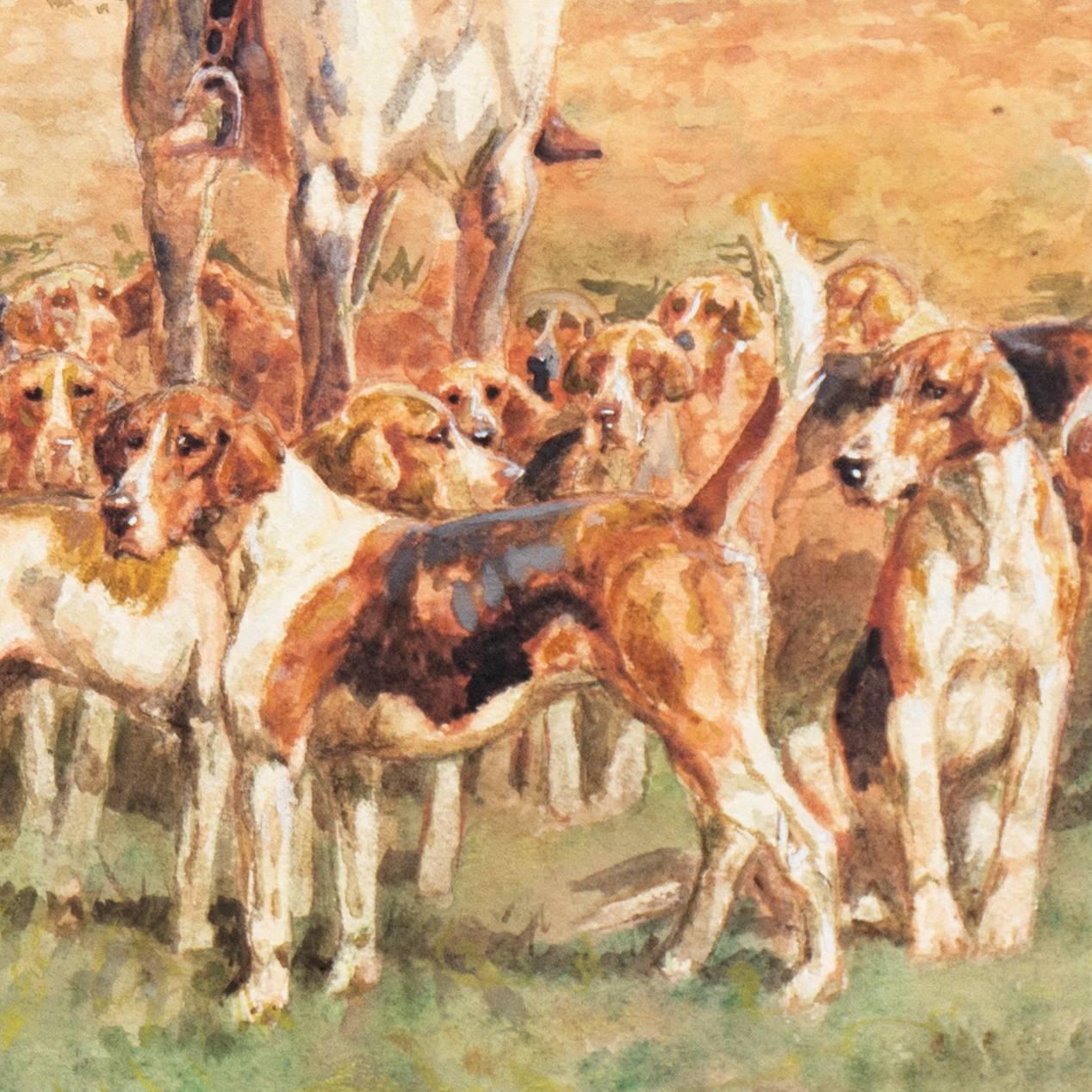 'L'incontro', caccia alla volpe inglese edoardiana, acquerello equestre, cavalli, beagle - Figurative Art Beige di Thomas Ivester Lloyd