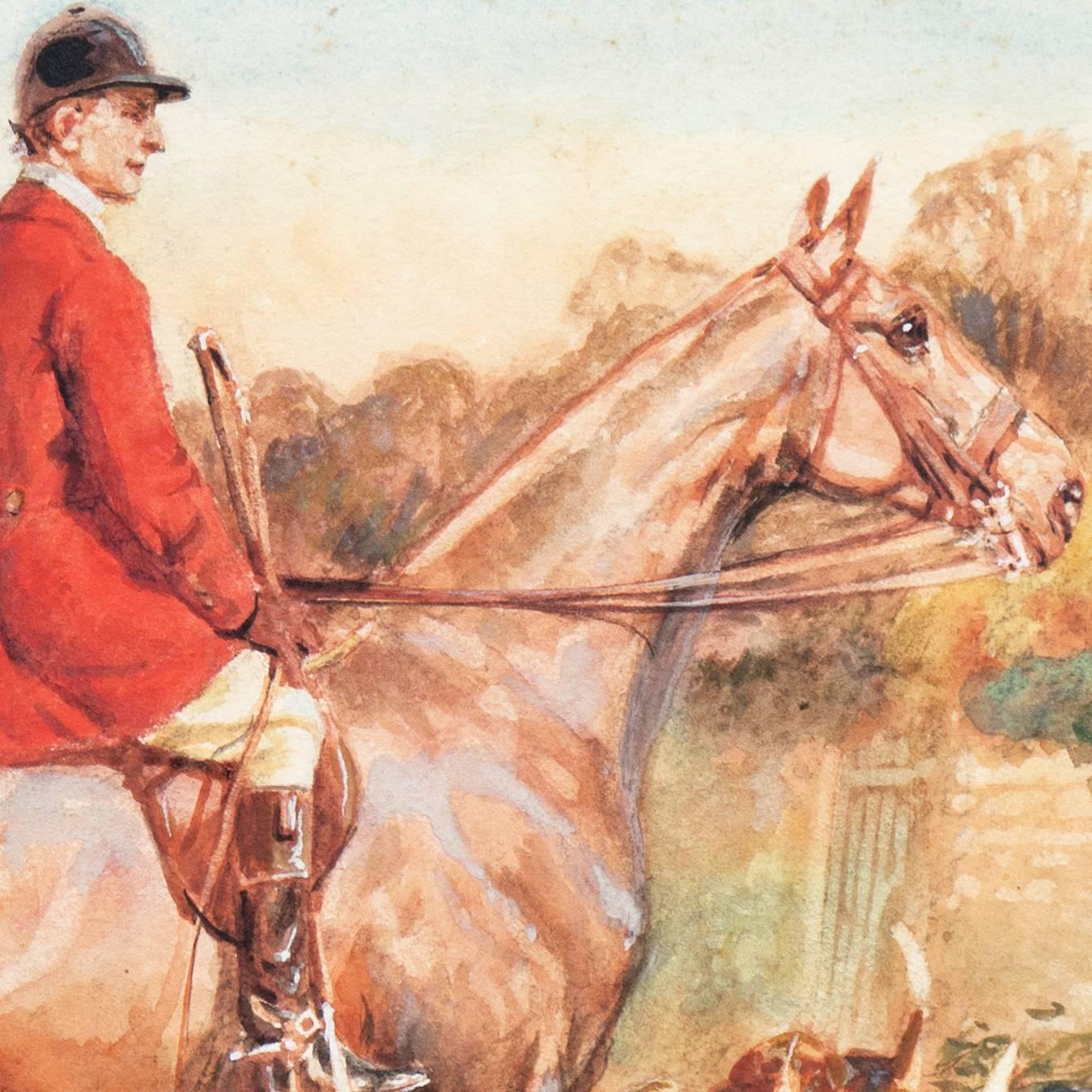 'L'incontro', caccia alla volpe inglese edoardiana, acquerello equestre, cavalli, beagle in vendita 1
