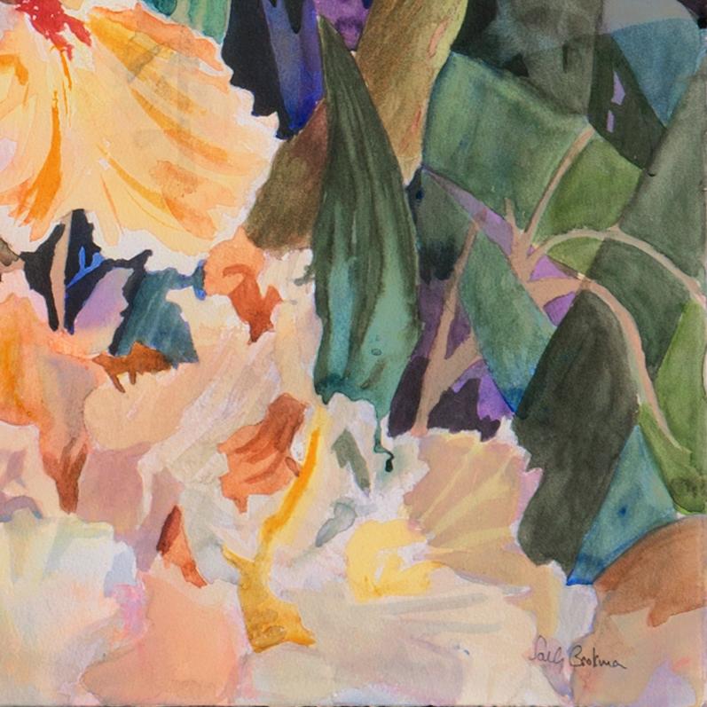 'Golden Irises', St. Martin's School, California Woman Artist, Santa Cruz - Brown Still-Life by Sally Bookman