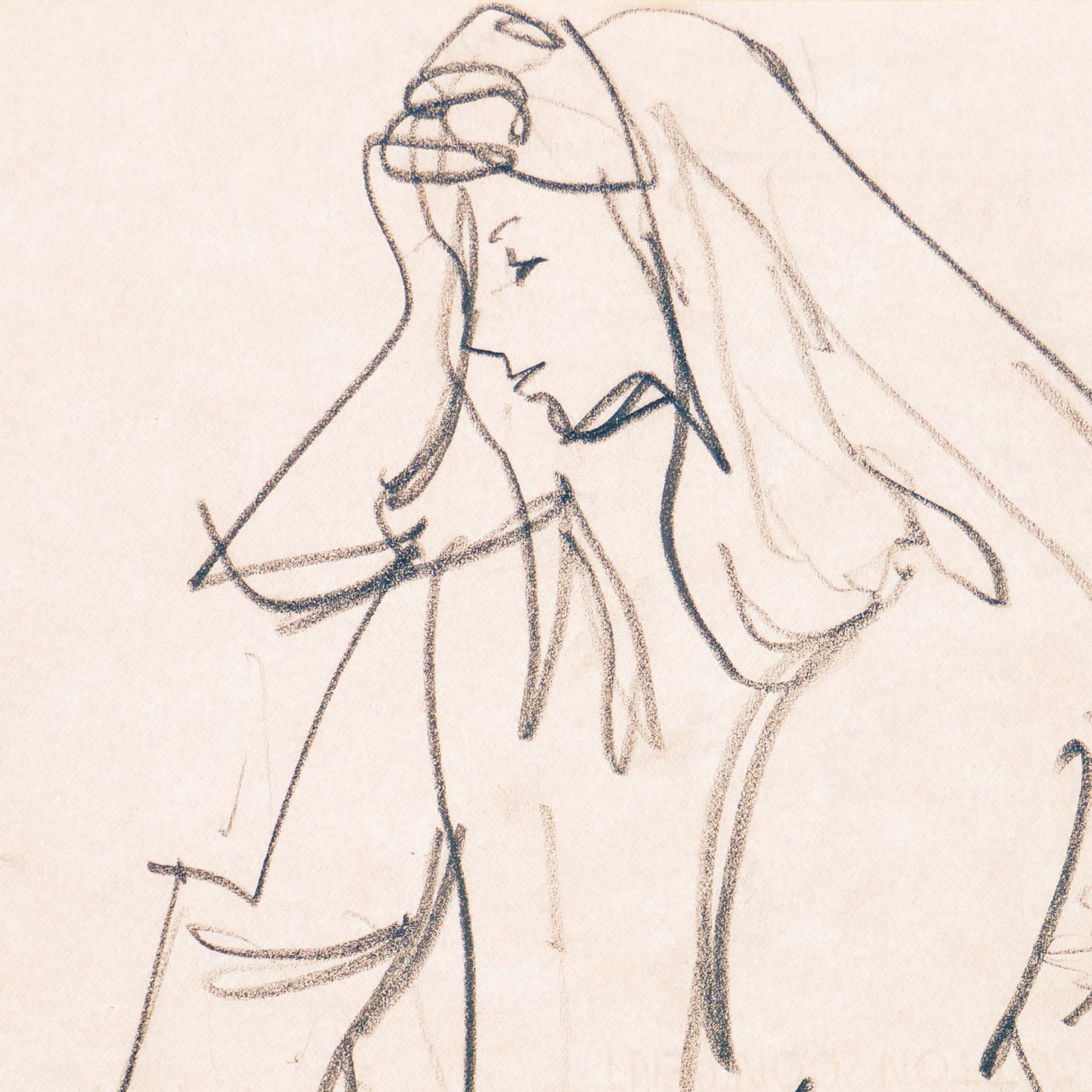 Created circa 1955 by Victor Di Gesu (American, 1914-1988) and stamped verso with certification of authenticity. 

An atmospheric and psychologically penetrating figural drawing, showing a pensive young woman wearing boots, seated on the edge of a