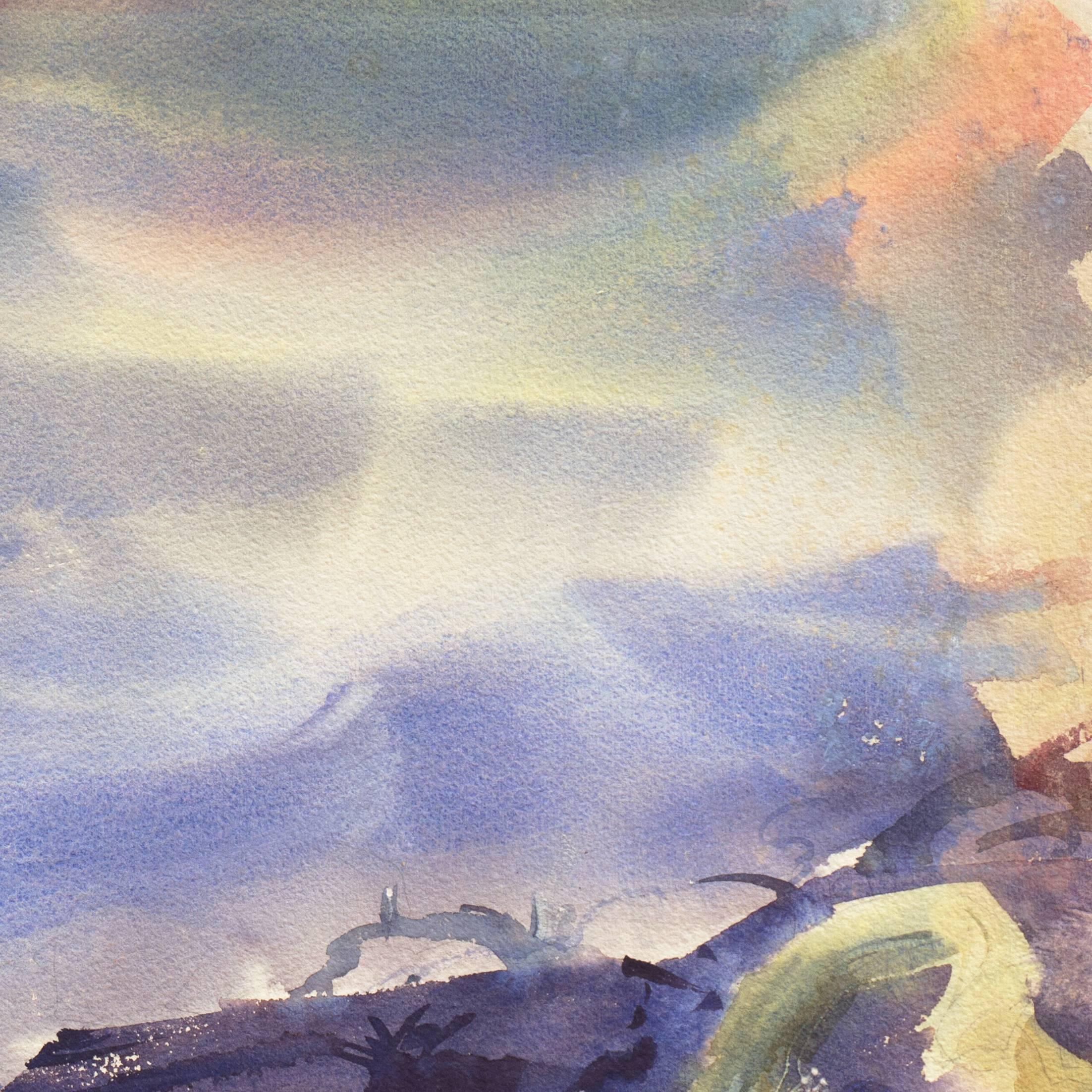 Signed lower right, 'Donald Sumner' and dated 1964.

A lyrically painted, mid-century watercolor showing a seagull hovering suspended above a turbulent ocean with dramatic and play of light between clouds and mist and with a view towards a
