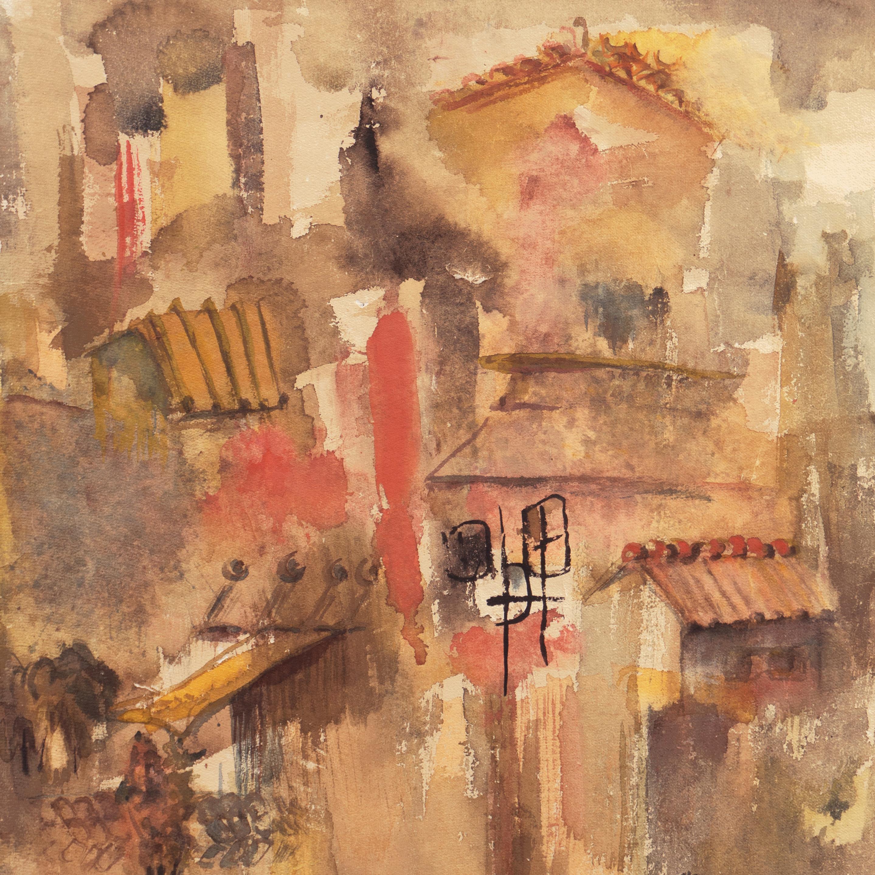 « Village in Tuscany », artiste moderniste californienne, SFAA - Moderne Art par Dora Masters