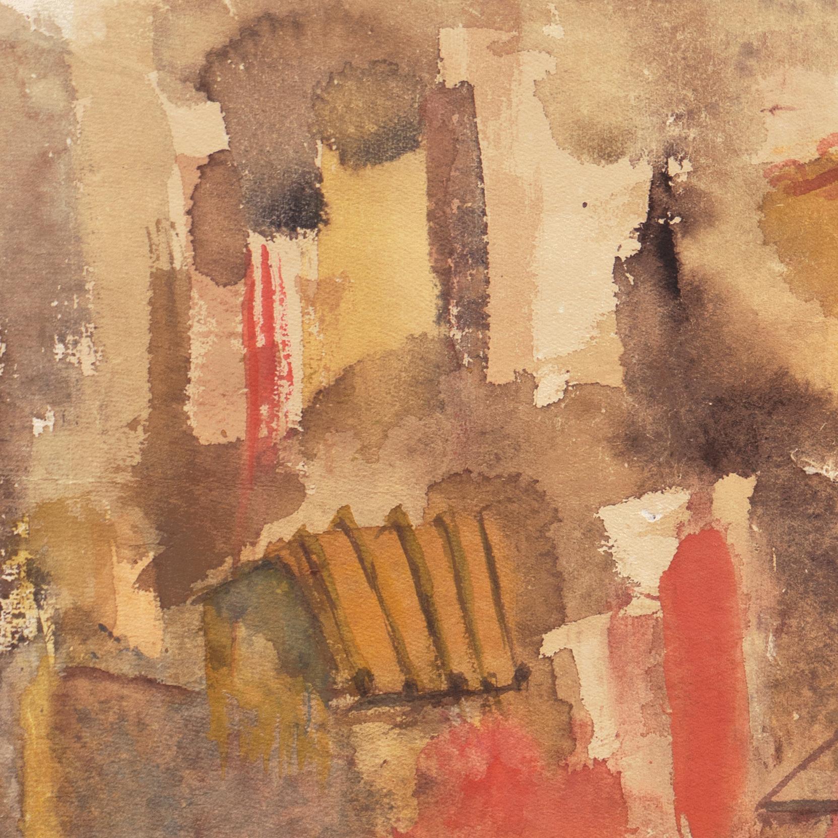 « Village in Tuscany », artiste moderniste californienne, SFAA - Marron Abstract Drawing par Dora Masters