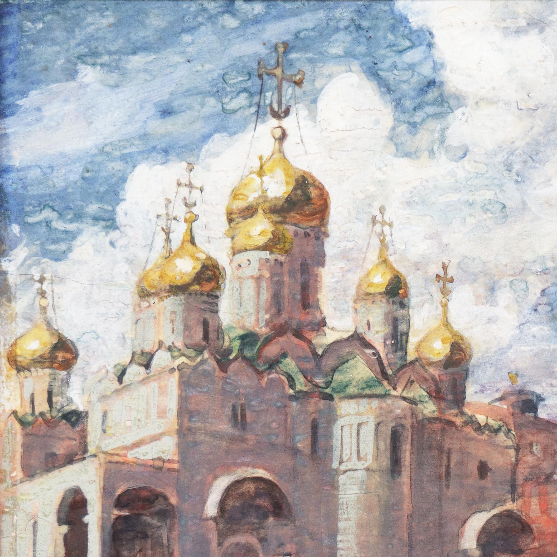 'Napoleonic Guard at the Cathedral of Uspensky Sobor', Moscow, French Militaria - Gray Landscape Art by Charles Hoffbauer
