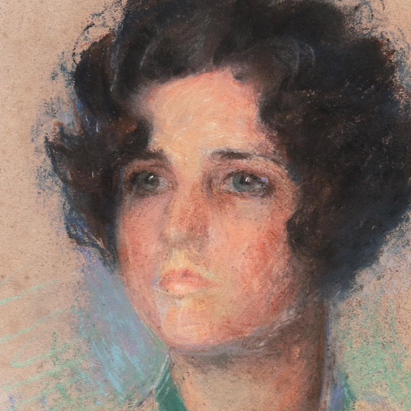 Painted in the style of Frederick Appleyard. Initialed lower left, 'FR.A' and created circa 1925. Bearing signature, verso.

An elegant and psychologically-penetrating pastel study of a fashionable young brunette with gray-green eyes, shown standing