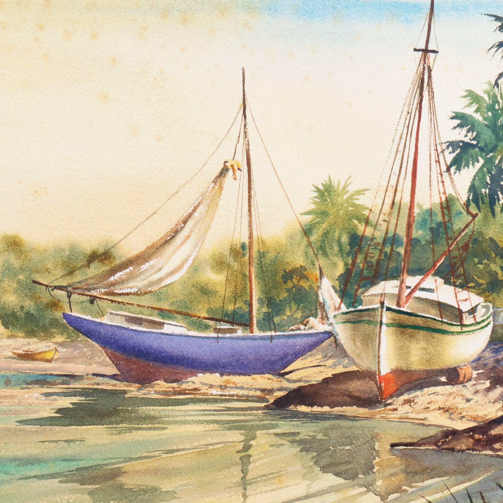 'Sailboats Drawn up in a Tropical Inlet', Florida - Modern Art by Kaspar-Andreas Zimmermann