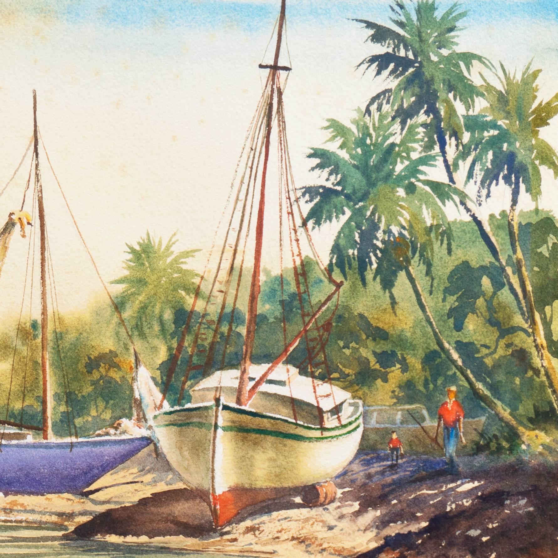 'Sailboats Drawn up in a Tropical Inlet', Florida - Beige Landscape Art by Kaspar-Andreas Zimmermann