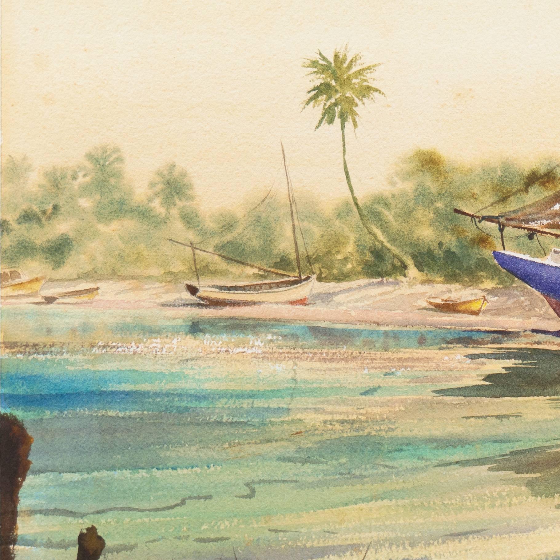 Watercolor landscape showing a view of a tranquil Florida cove with sailboats at rest in the sand, and a man and young boy wearing vermilion shirts approaching the shoreline in the shade of lush green palms.

Signed lower right, 