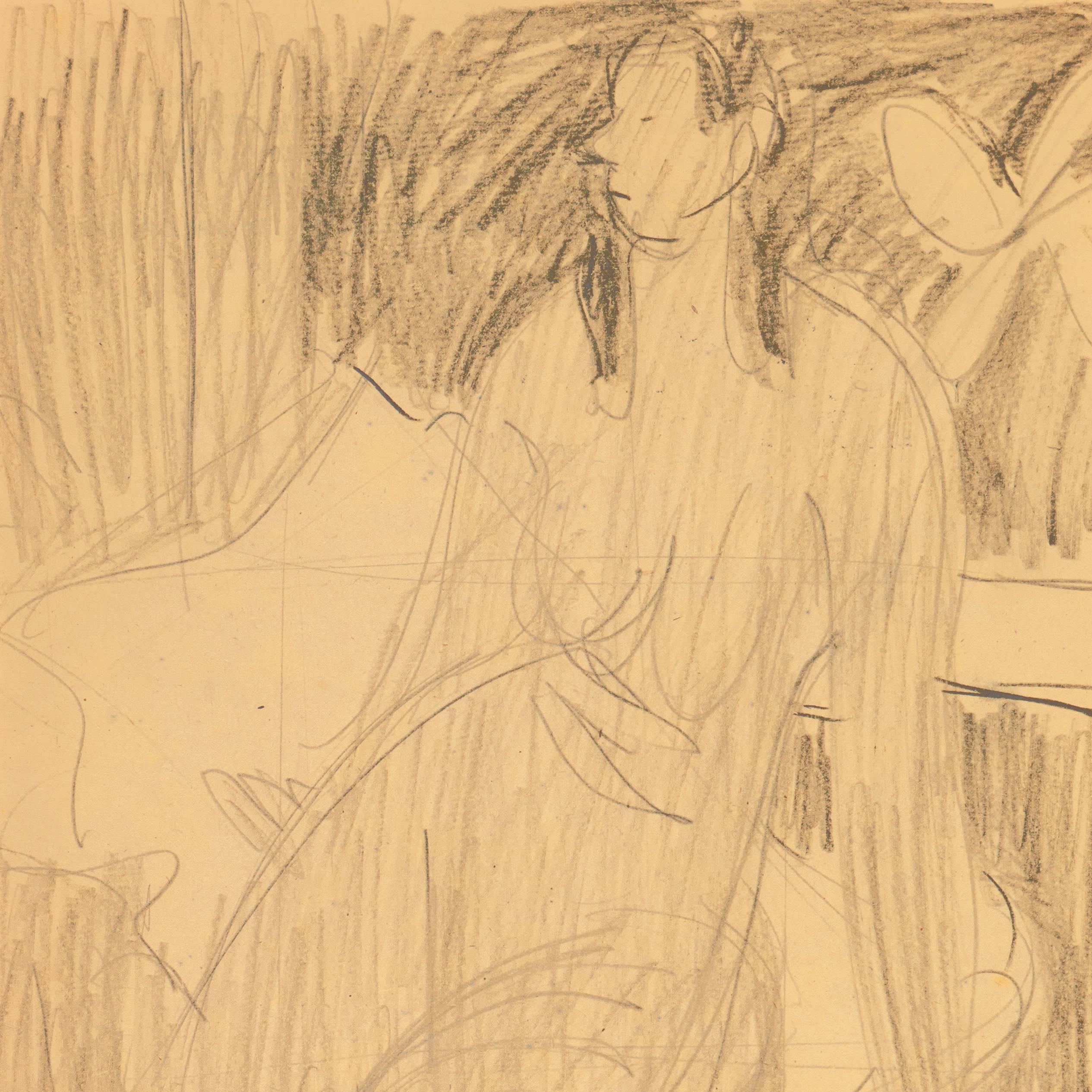 Victor Di Gesu (American, 1914-1988) estate stamp verso; drawn circa 1955.

A graphite study of a young woman, shown nude and seated on a couch, one knee drawn up, beside a table bearing a mandolin.

Winner of the Prix Othon Friesz, Victor di Gesu