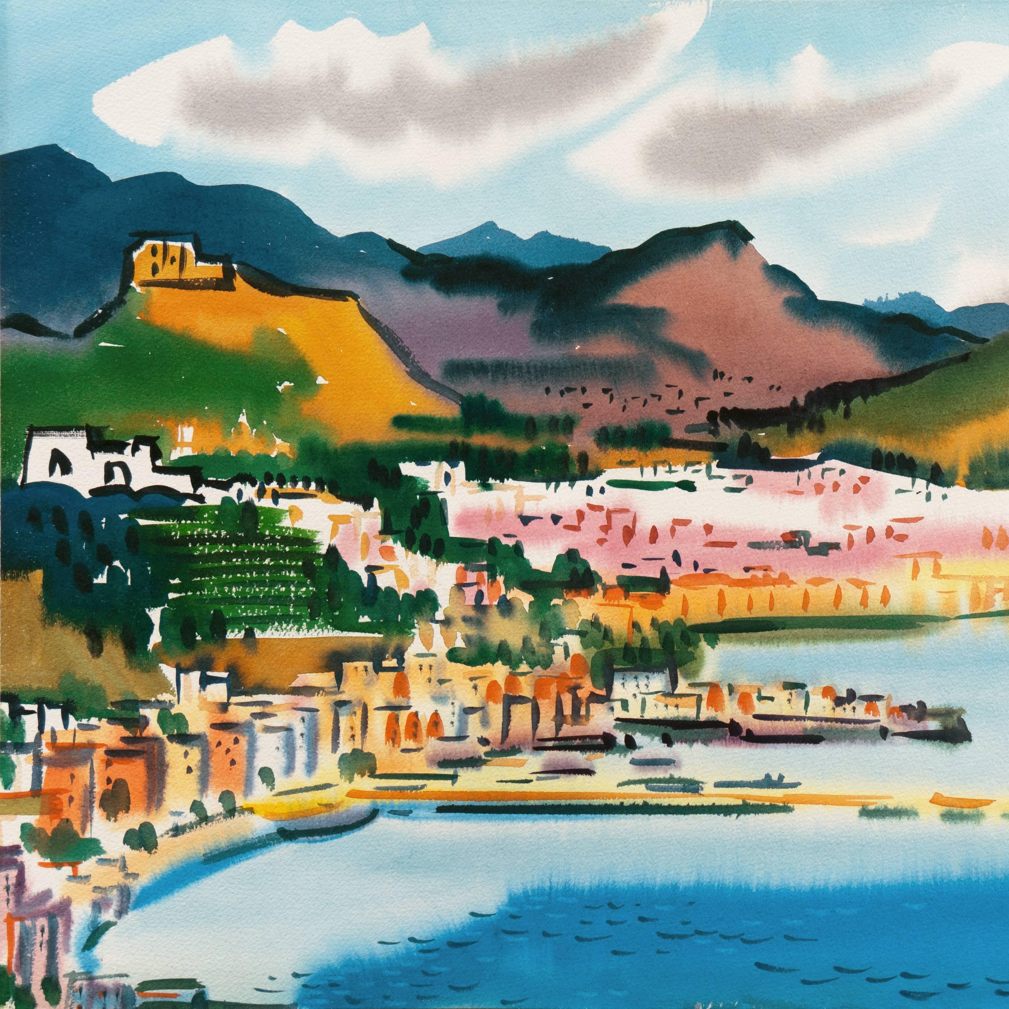 A vibrant coastal landscape showing a view of a jetty extending into the cove of a beachside town with a view to mountains beyond. 

Signed lower right, 'Nadine Pizzo' and painted circa 1960.

Born in San Francisco, Nadine Pizzo was educated at UC