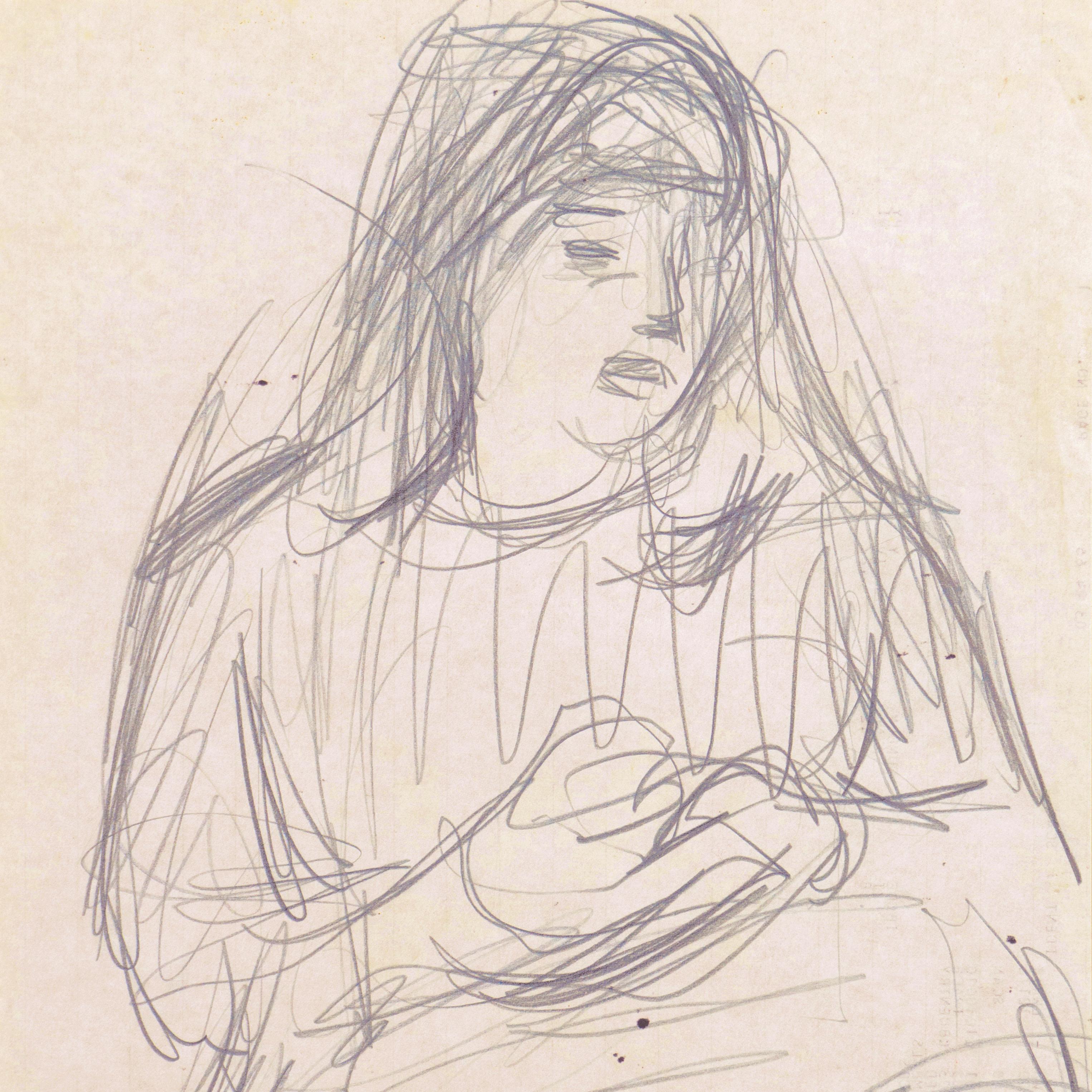 Peint par Victor Di Gesu (américain, 1914-1988) vers 1955 et portant au verso le cachet de la succession de Victor Di Gesu.

Un dessin expressionniste et audacieux représentant une jeune femme assise sur une chaise, les mains jointes. 

Lauréat du