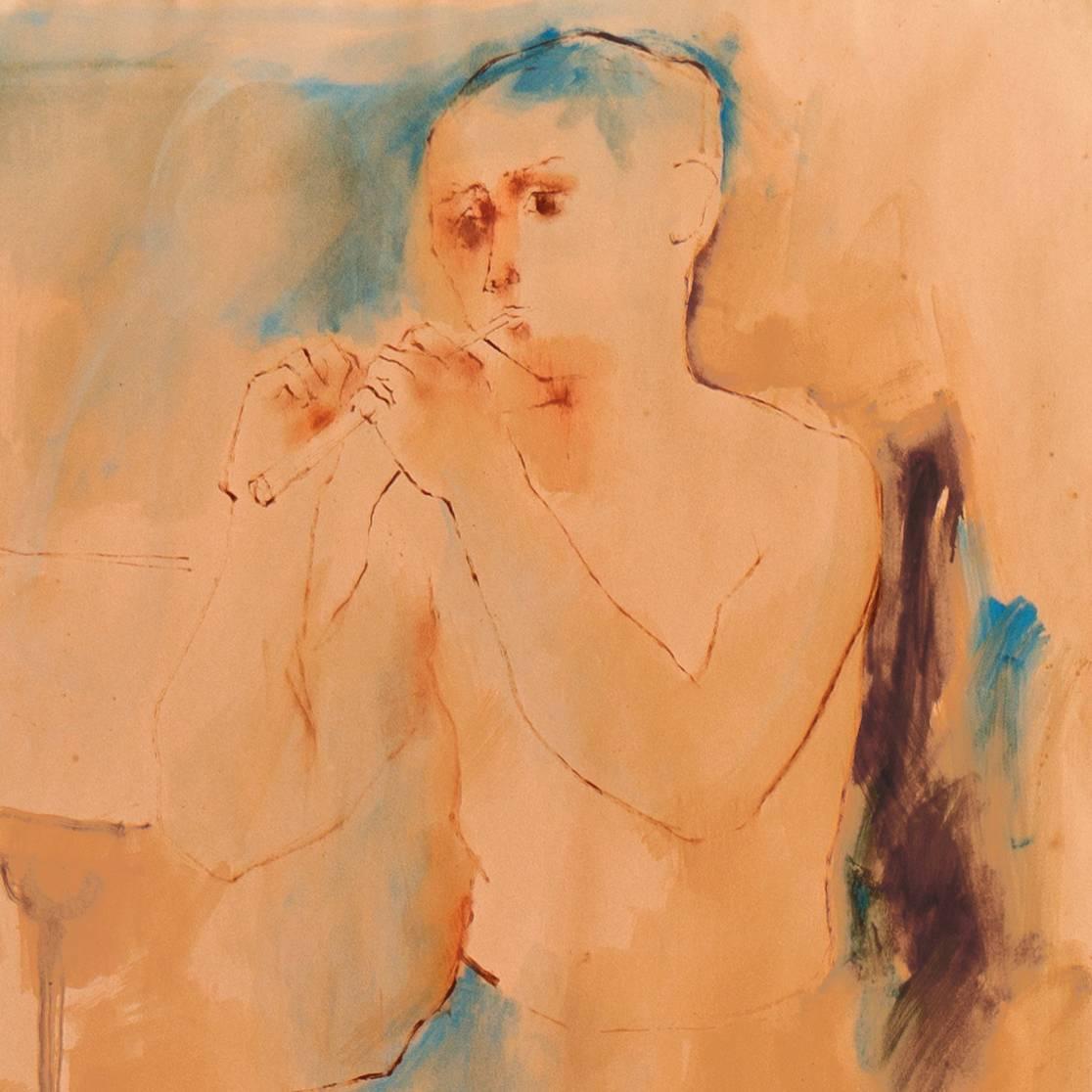 'The Young Flute Player', Music, Woodwind Instrument - Orange Figurative Art by Julio Castillo