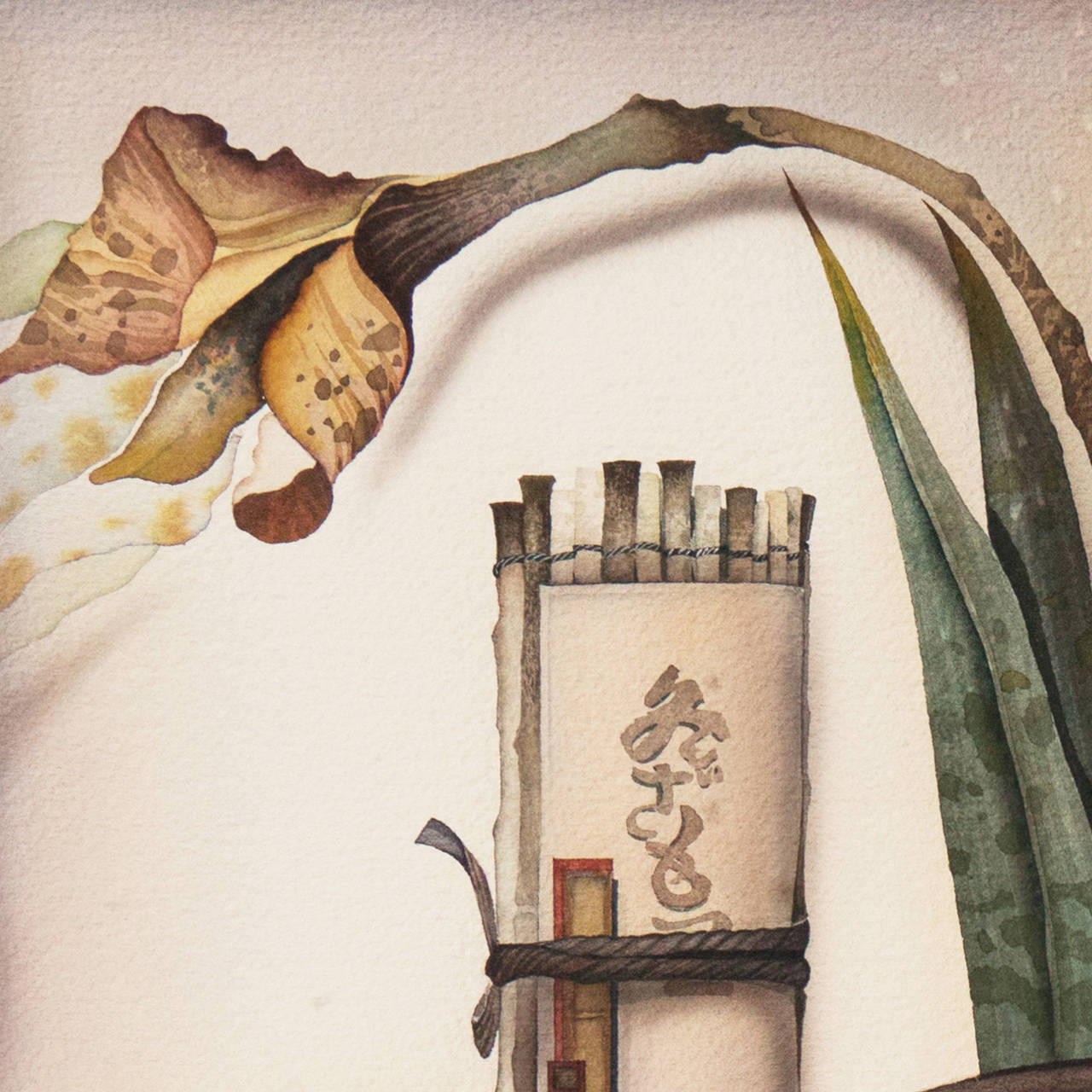 Signed lower right, 'Kevin Elston' (American, 20th century) and painted circa 1985.

A substantial watercolor still-life of orchids and a persimmon, arranged with other objects related to Japanese cuisine in apparent spatial suspension. 

The
