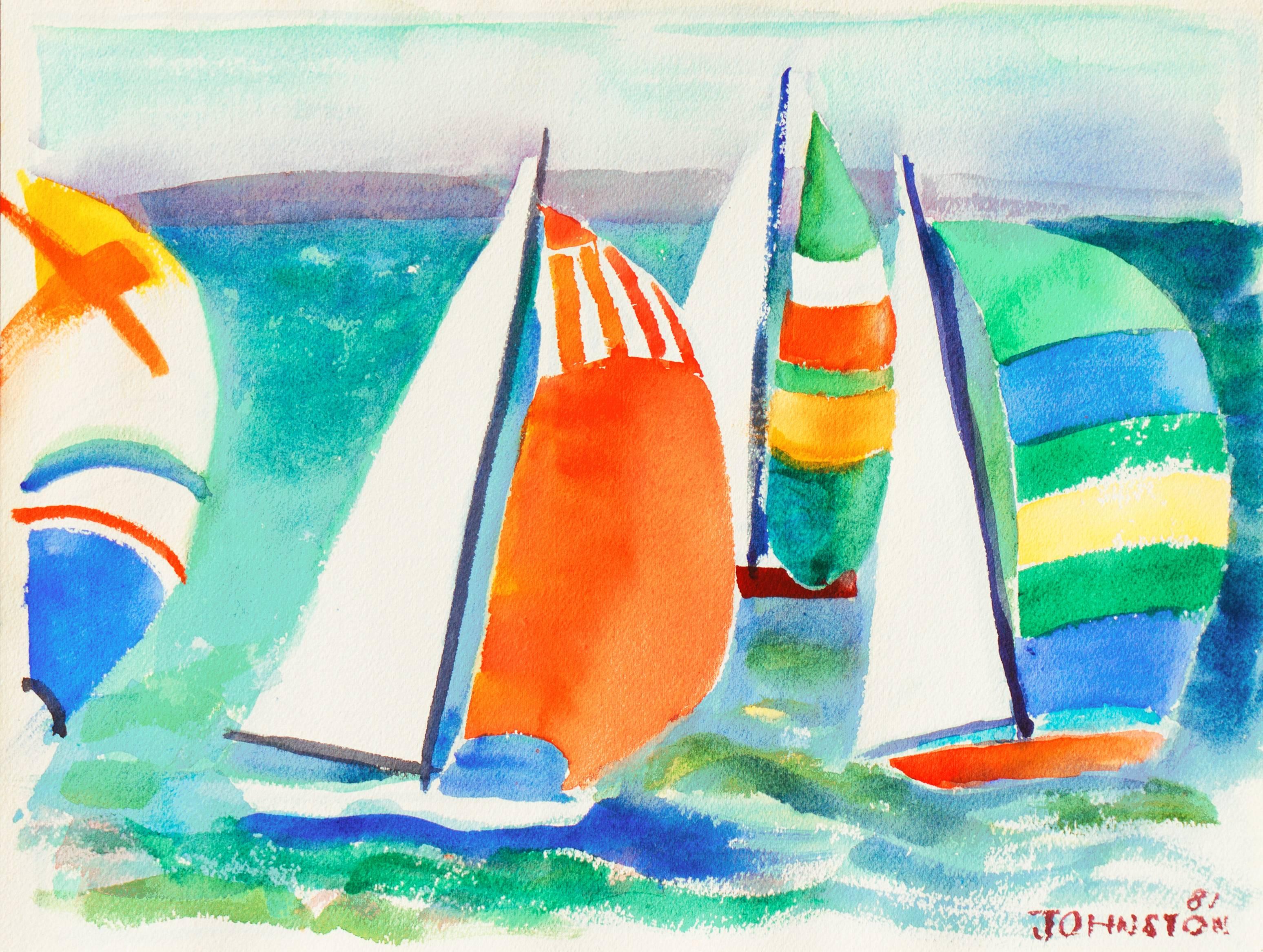 Landscape Art Lucille Marie Johnston - « pinnakers at Sunset », California Watercolor Association, Pacific Grove Artist