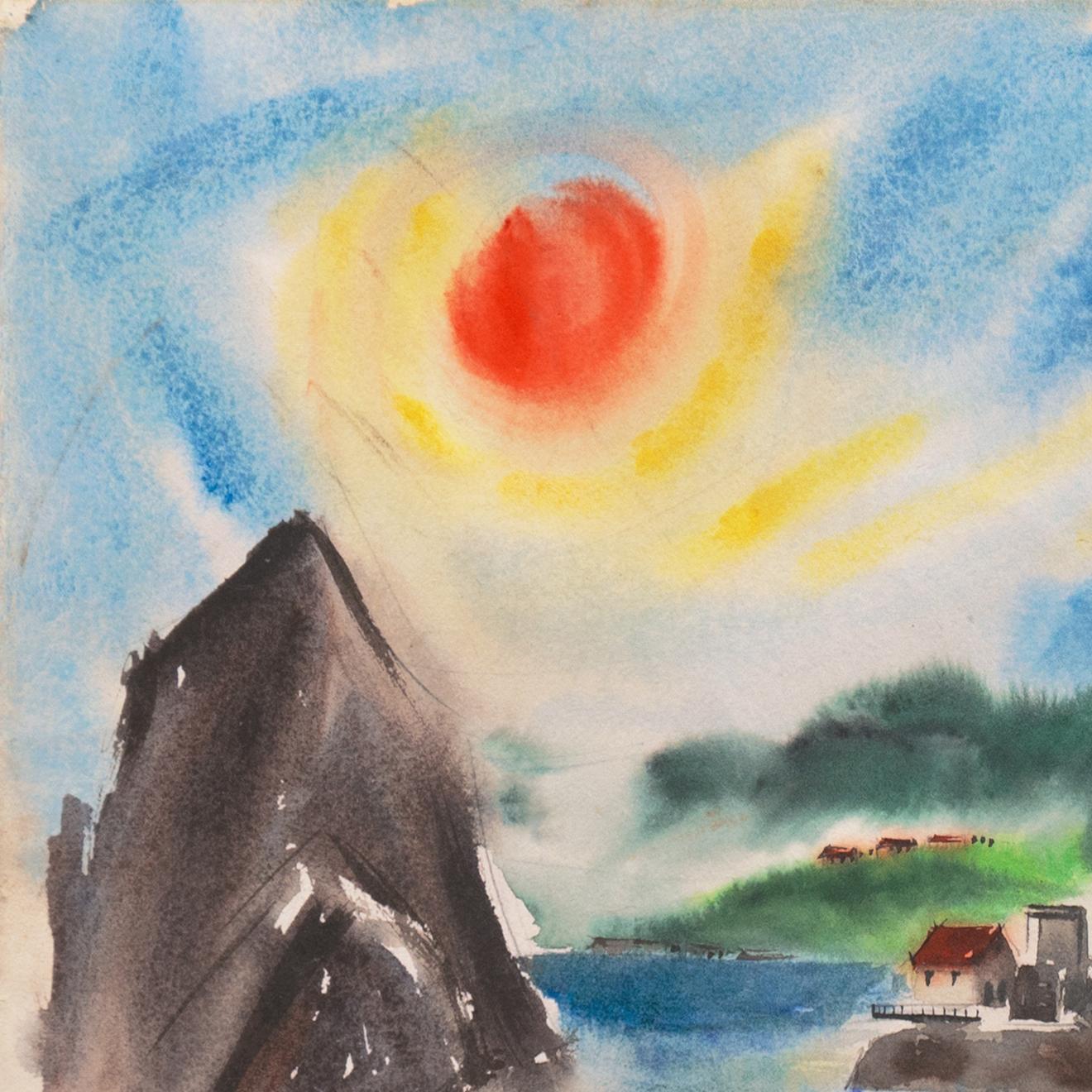 'Golden Gate Bridge from Sausalito', Marin, Mid-century Modernist Watercolor - Gray Landscape Art by Elizabeth Flynn