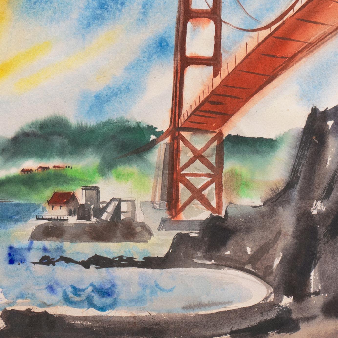 'Golden Gate Bridge from Sausalito', Marin, Mid-century Modernist Watercolor For Sale 1