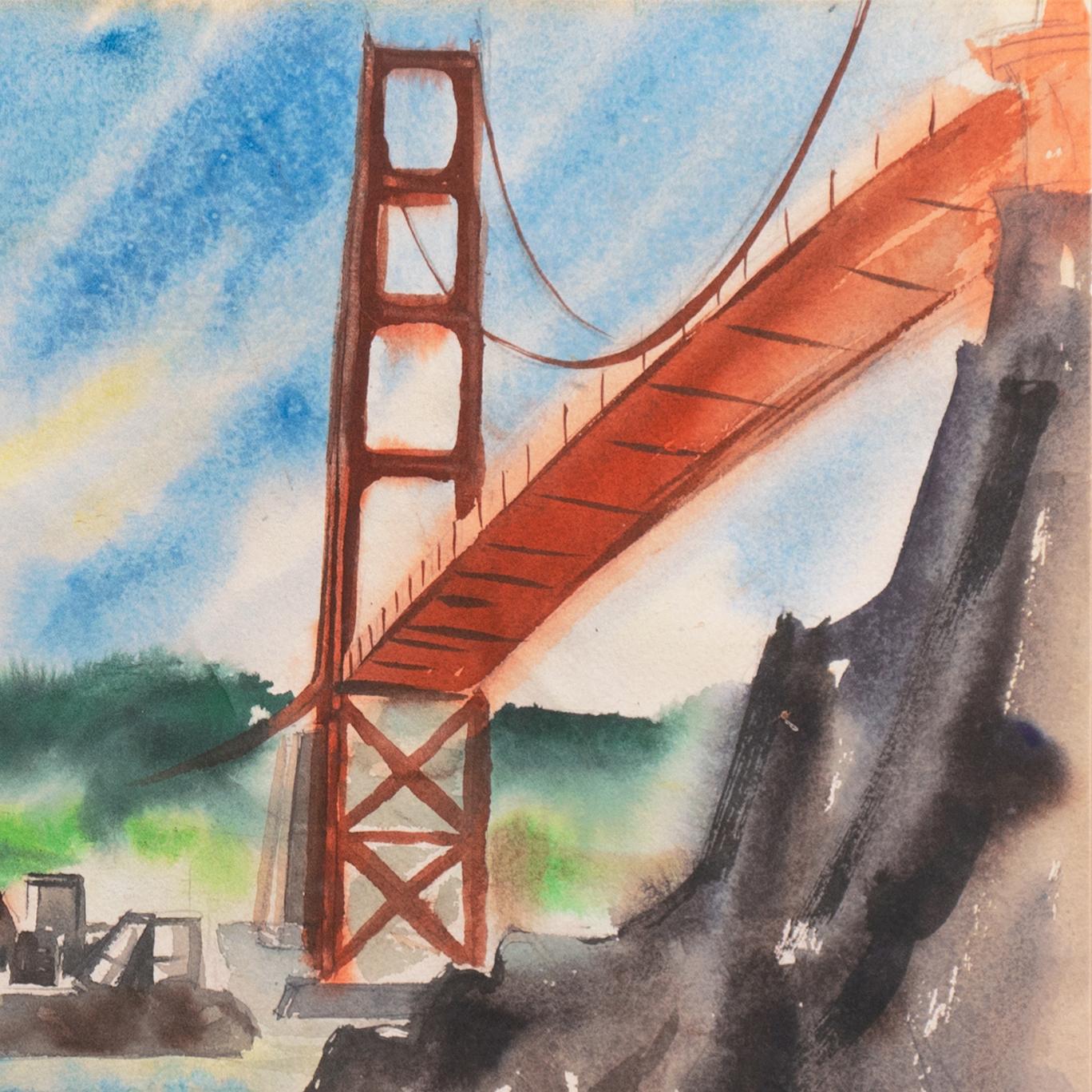 'Golden Gate Bridge from Sausalito', Marin, Mid-century Modernist Watercolor For Sale 3