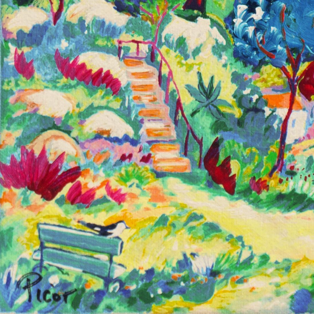 'The Garden, Mandelieu-la-Napoule', Academy of Fine Arts of Rouen, Benezit, Oil - Blue Landscape Art by Jean-Claude Picot