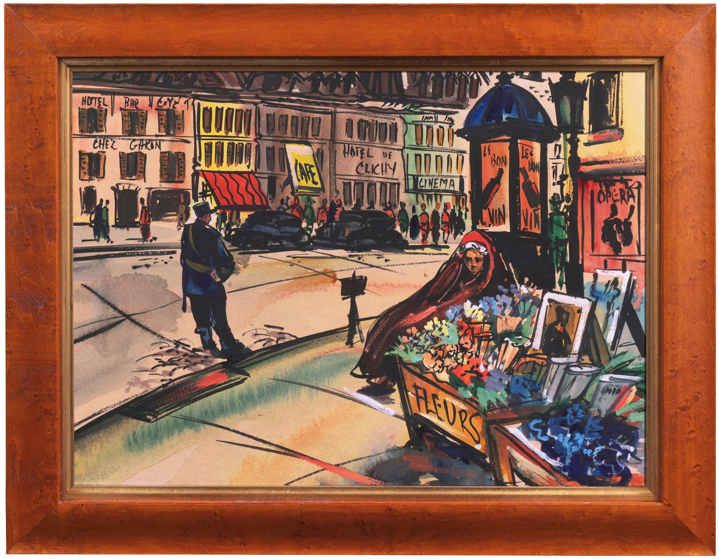 'Flower Seller in Clichy', Parisian Street Vendor, French Post Impressionist - Art by 20th Century French School
