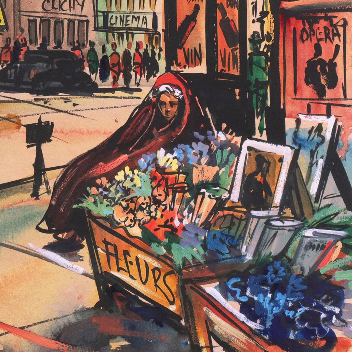 A bright and animated Parisian street view with a gendarme poised languidly to survey the street outside the Hotel de Clichy beside a flower vendor tending her colorful stall. A charming French school, figural cityscape showing bold composition and