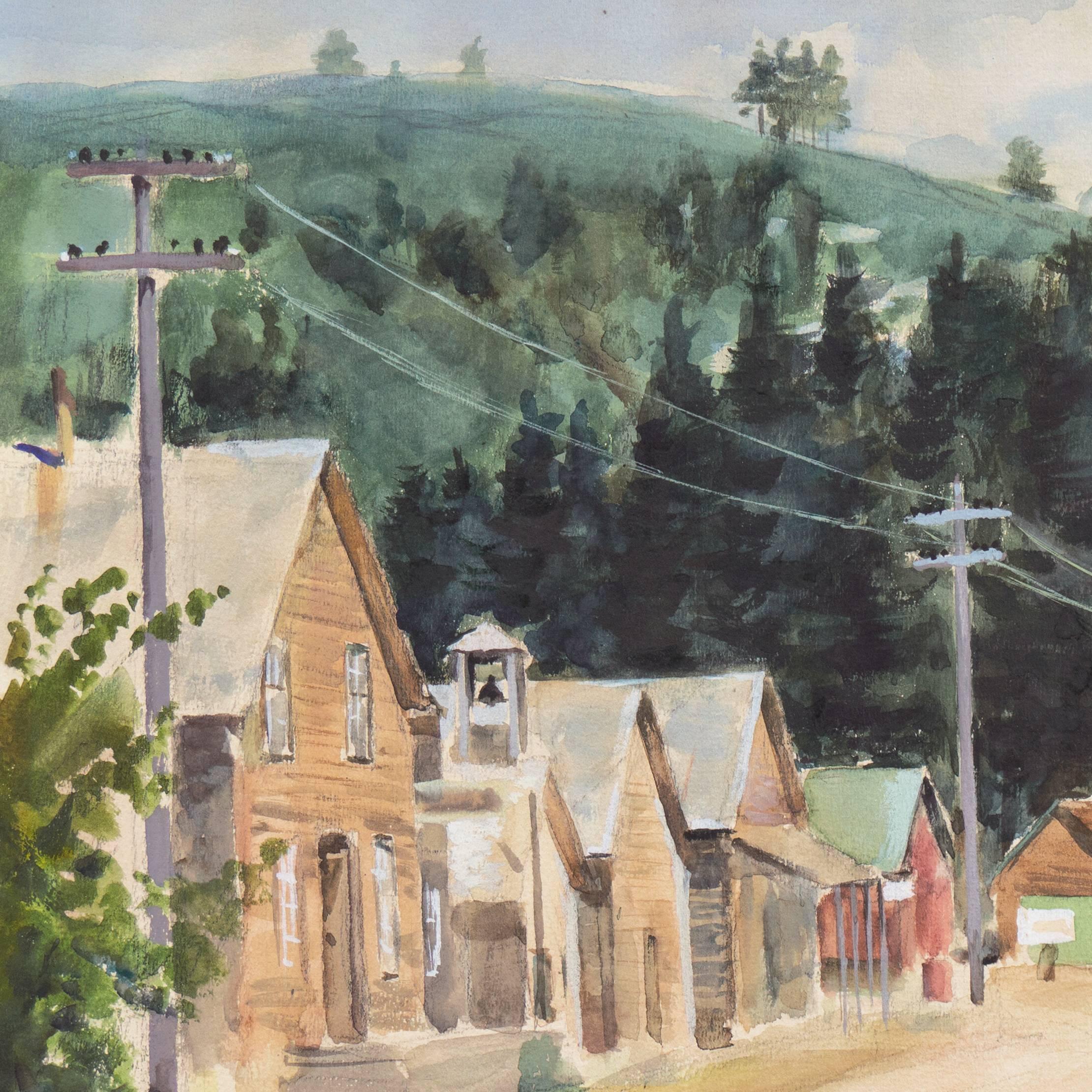 Signed lower left, 'Michel Kady' (Hungarian-American, 1901-1977) and painted circa 1965

A substantial watercolor landscape showing a view of a dirt road in California Gold Country lined with weathered buildings, and a view towards the foothills of