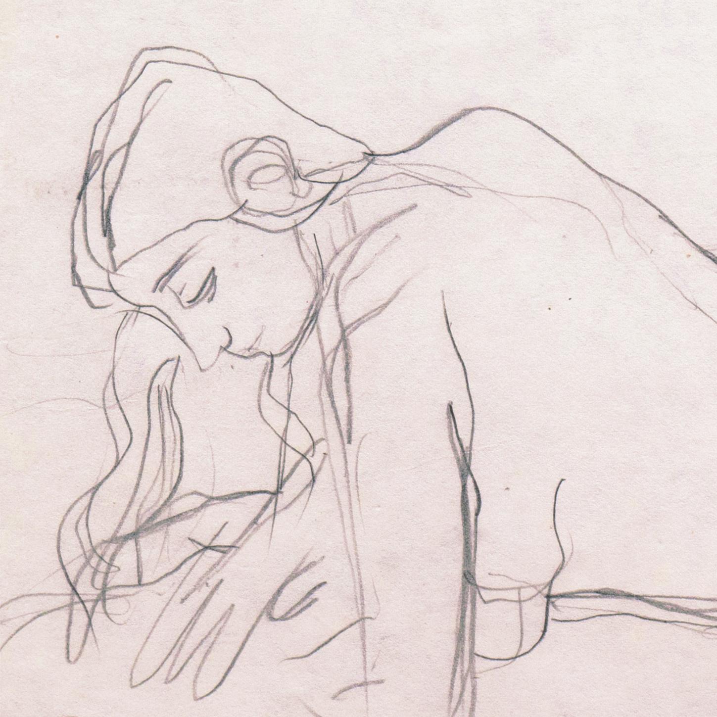 Stamped, verso, with estate stamp for Victor Di Gesu (American, 1914-1988) and created circa 1955.

An elegant, cabinet-sized Post-Impressionist graphite drawing of a young woman, shown reclining on a blanket and resting on her elbows.

Winner of