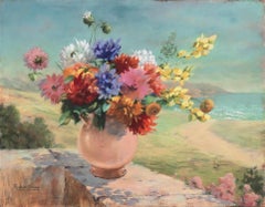 'Still Life by the Beach' Dahlia, Daisies, Mums, Chrysanthemum, Lodi, Framed