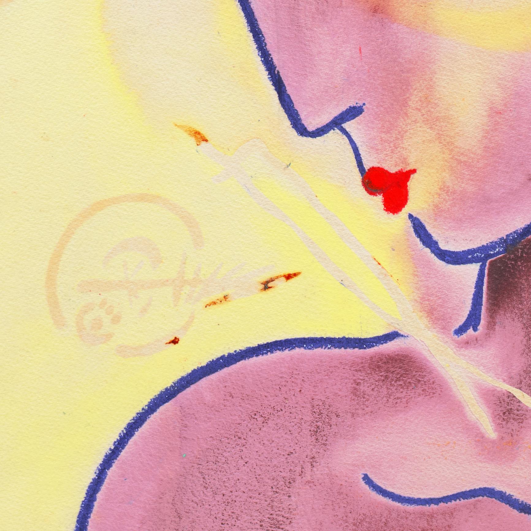 Painted by Dawn O'Malley (American, 20th century), circa 1975 and with certification of authenticity stamped verso. 

A bright and harmonious figural painting in the Mycenaean style of pottery decoration, depicting a woman shown in profile and