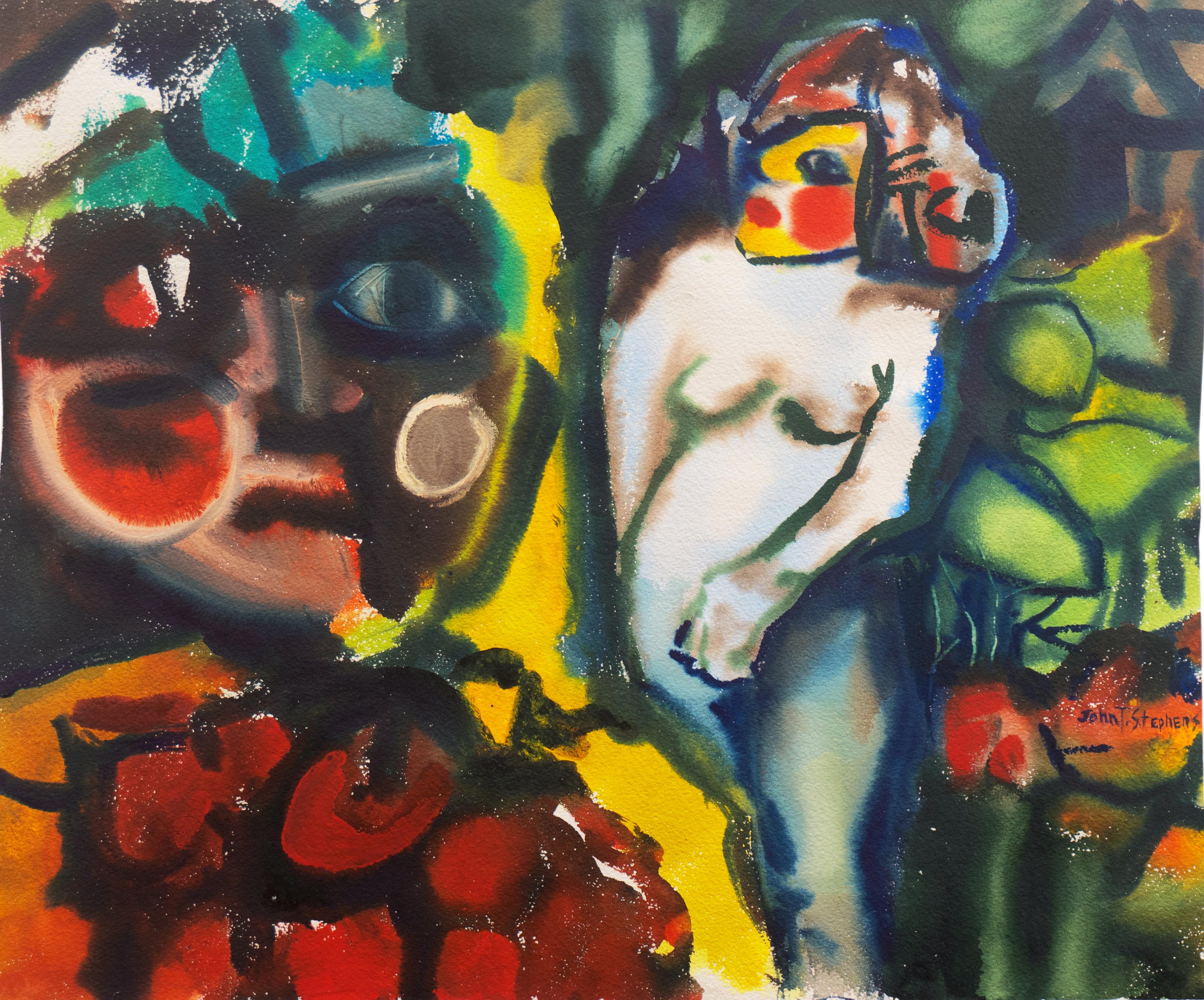 Figurative Art John T. Stephens - « Leaving the Garden of Eden », expressionniste américain du milieu du siècle dernier, Adam et Ève